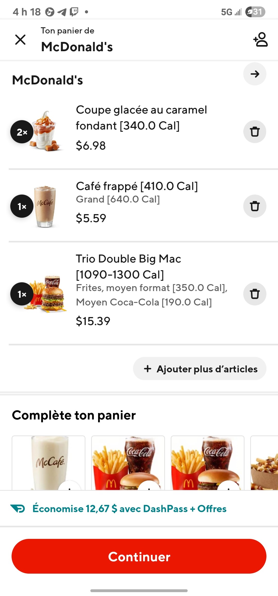 Menu McDonald's complet