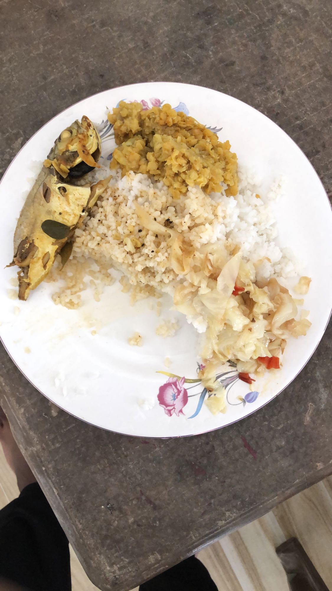 Rice with fish, dal, cabbage