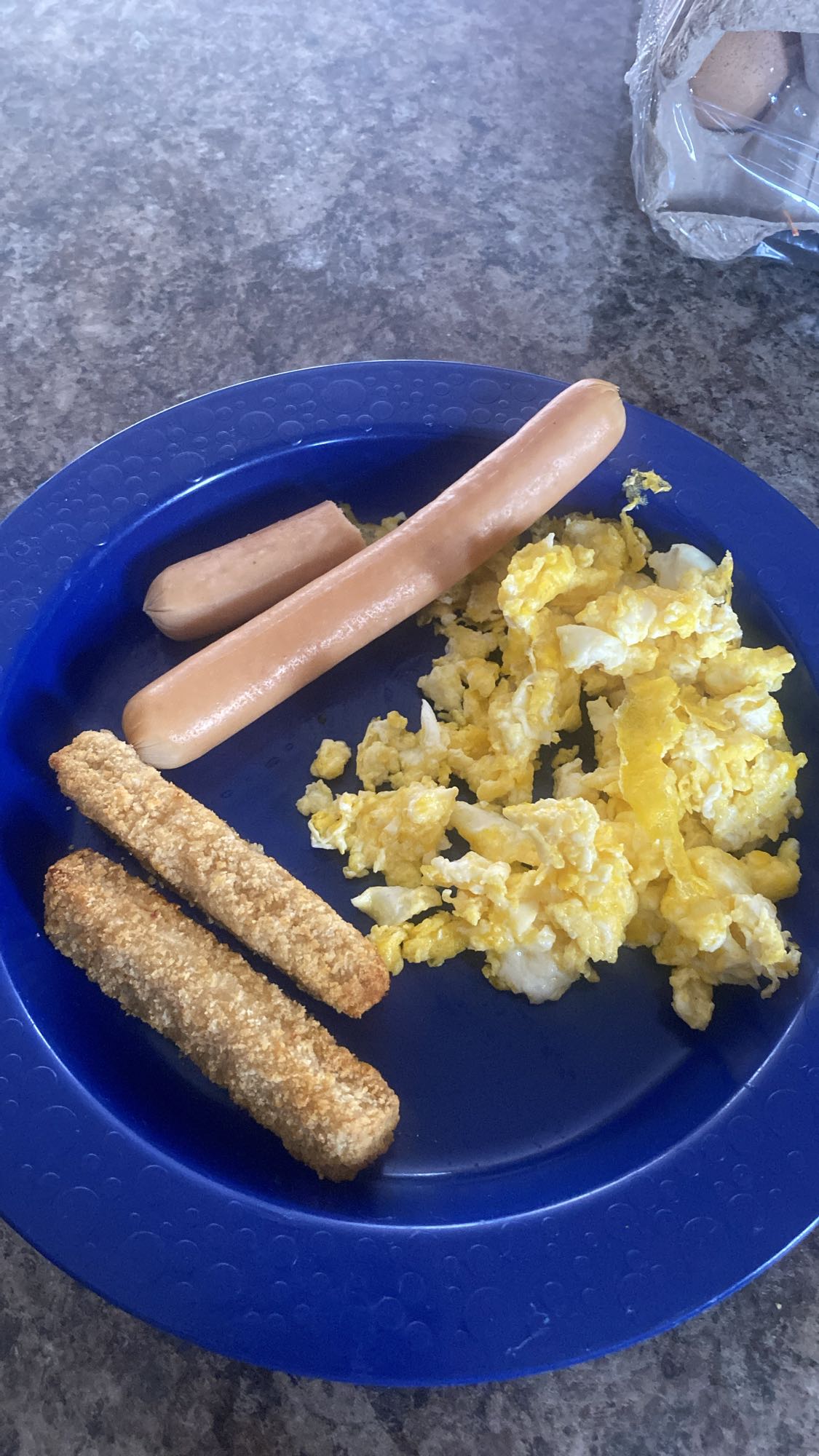 Eggs, sausages, fish sticks
