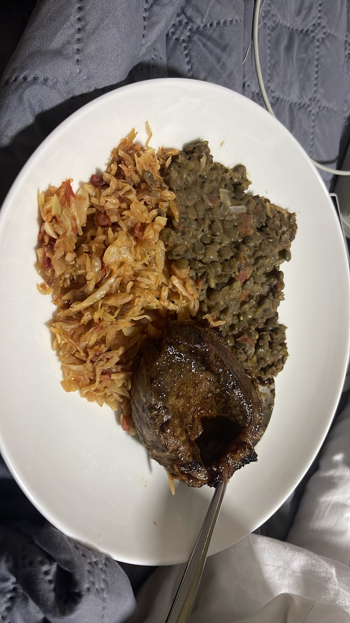 Beef, lentils, cabbage plate