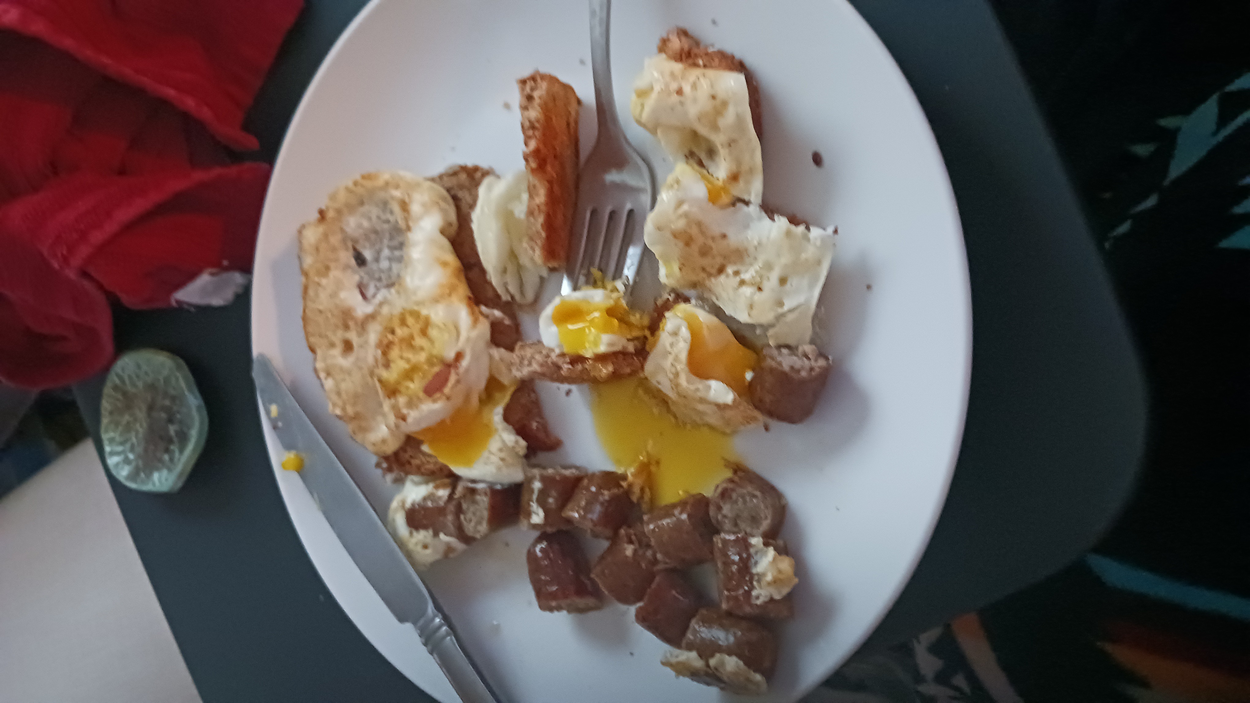Eggs, sausage, toast