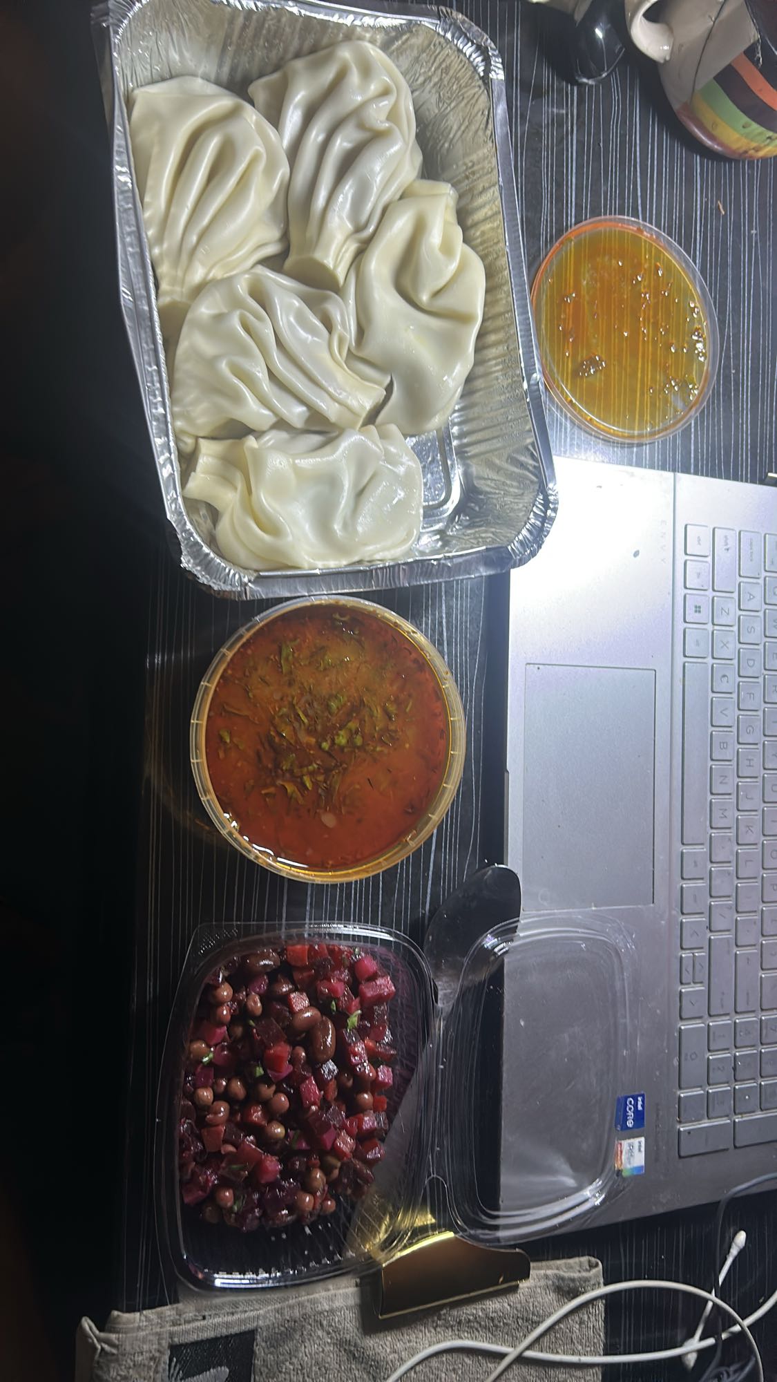 Kharcho soup with khinkalis and russian vinigret salad