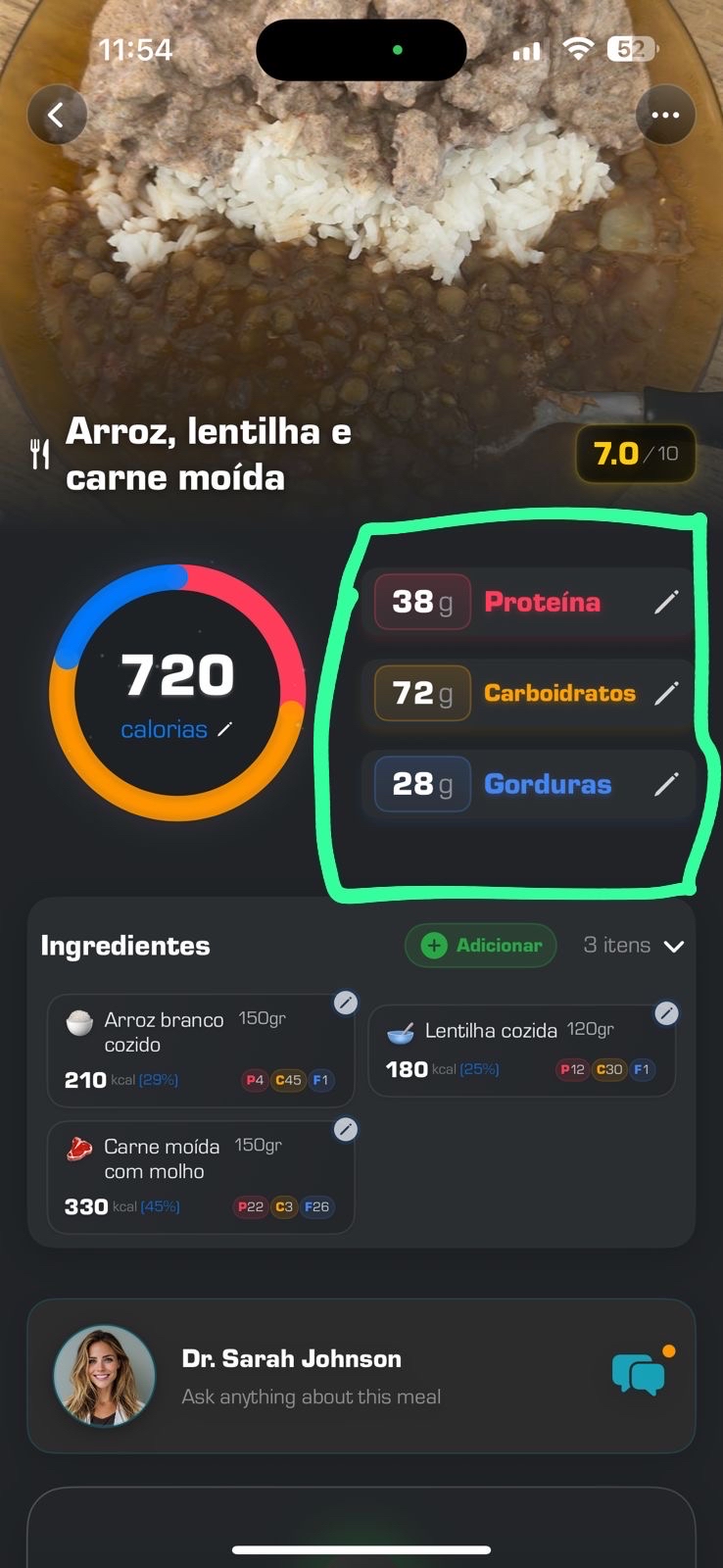 Arroz, lentilha e carne