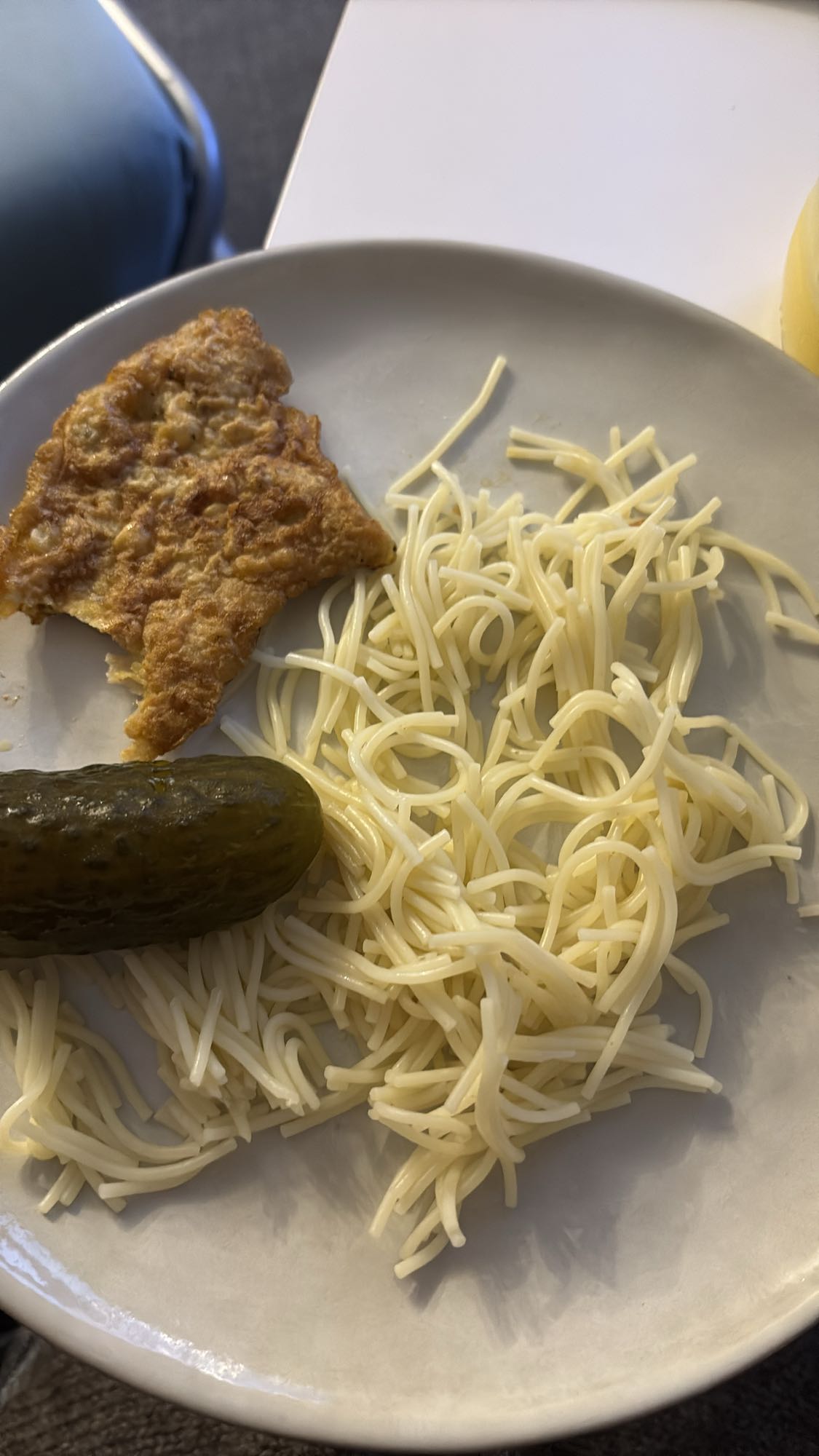 Egg, pasta & pickle plate