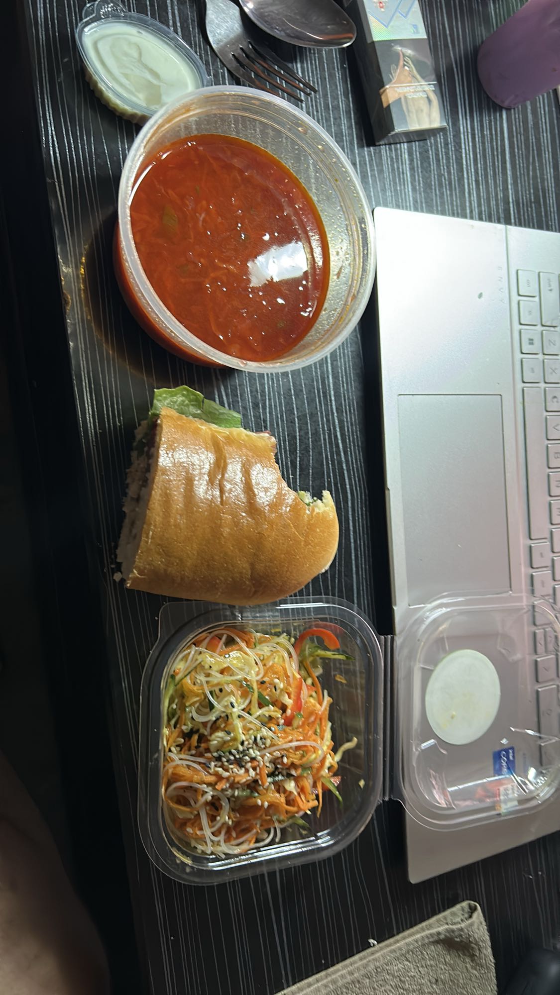 Borsht, chicken sandwich & glass noodle salad