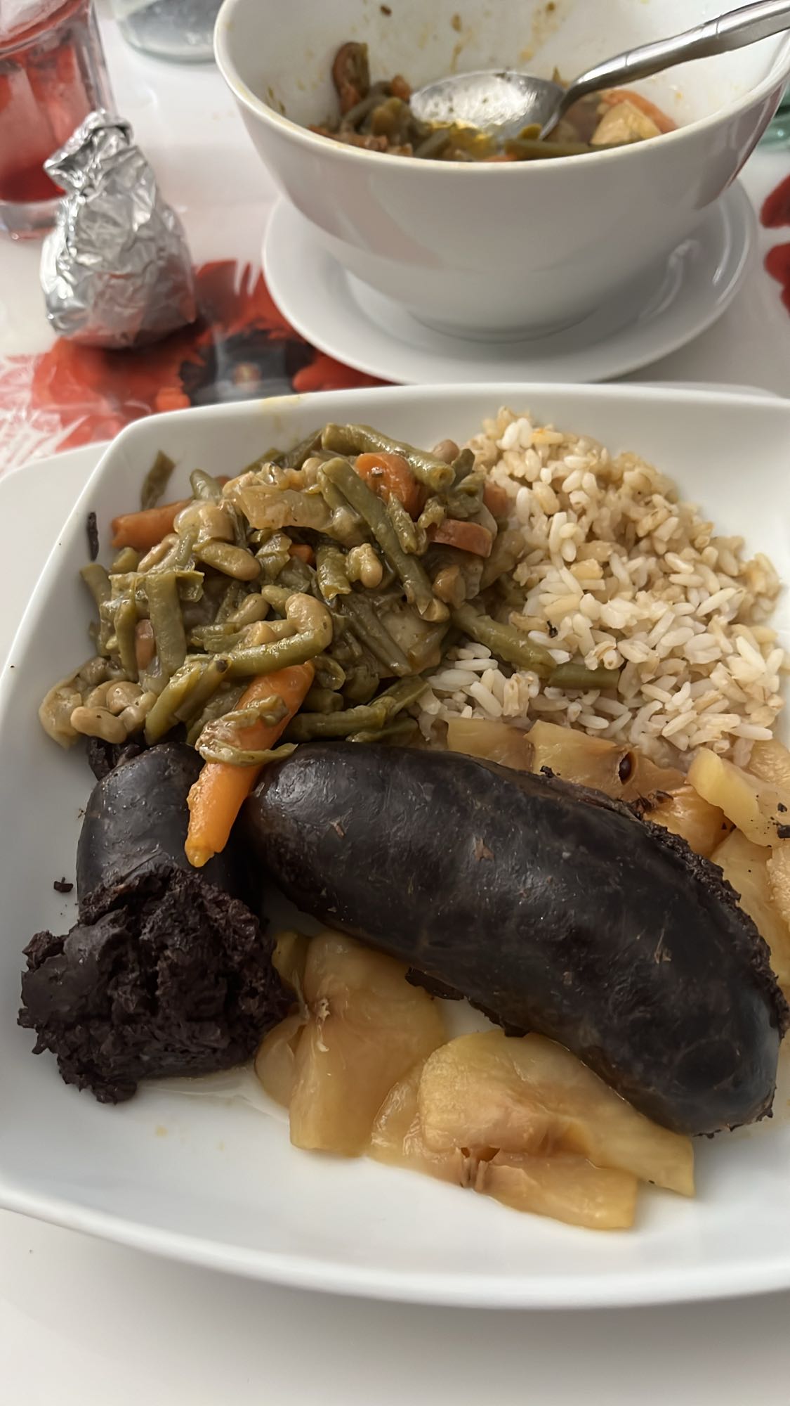 Boudin, riz, légumes