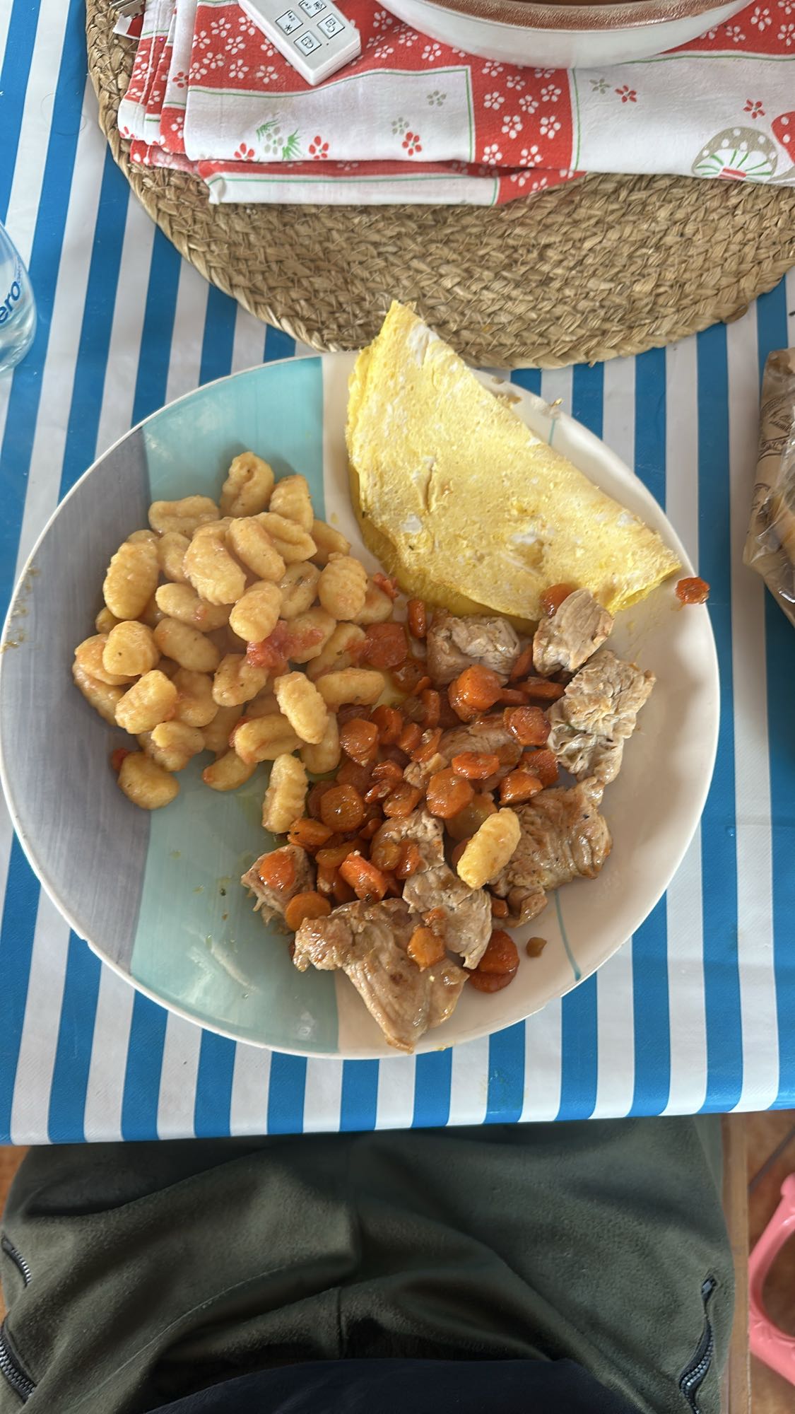Gnocchi, omelette, pork & carrots