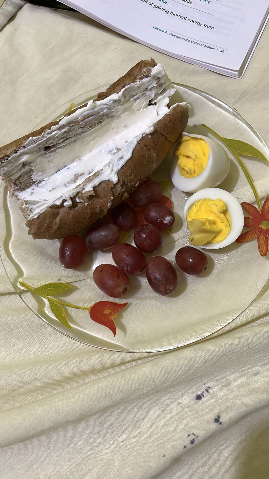 Eggs, grapes, bread & cheese