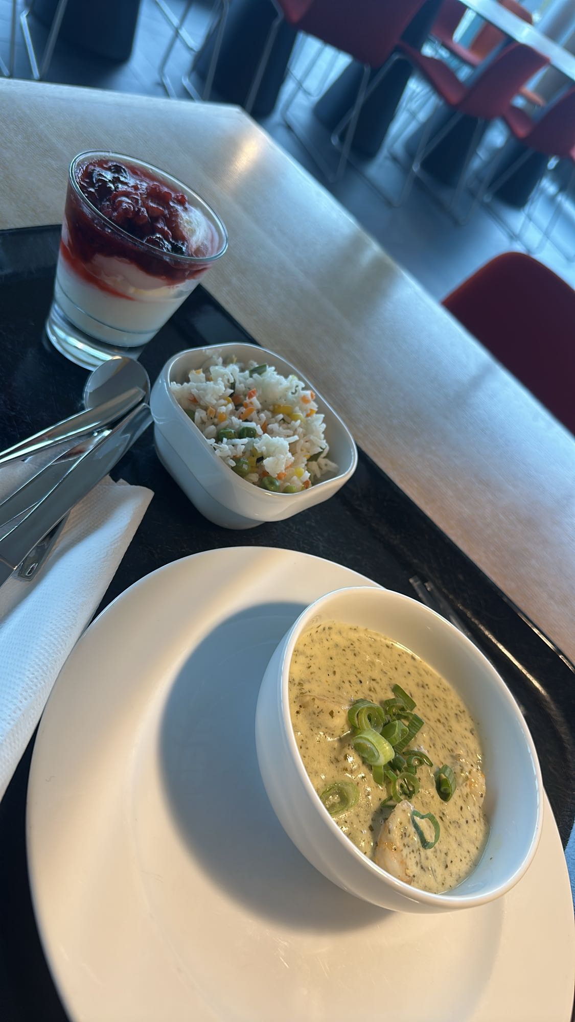 Chicken soup, rice, yogurt parfait