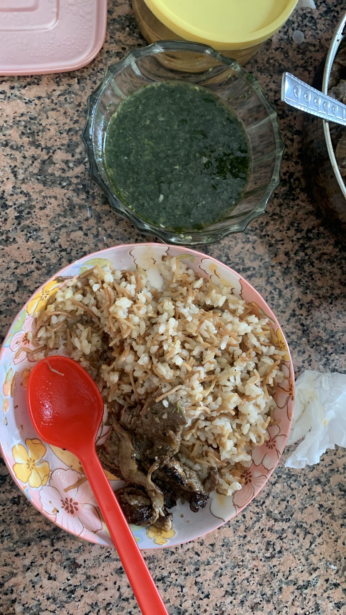 Rice with beef and soup