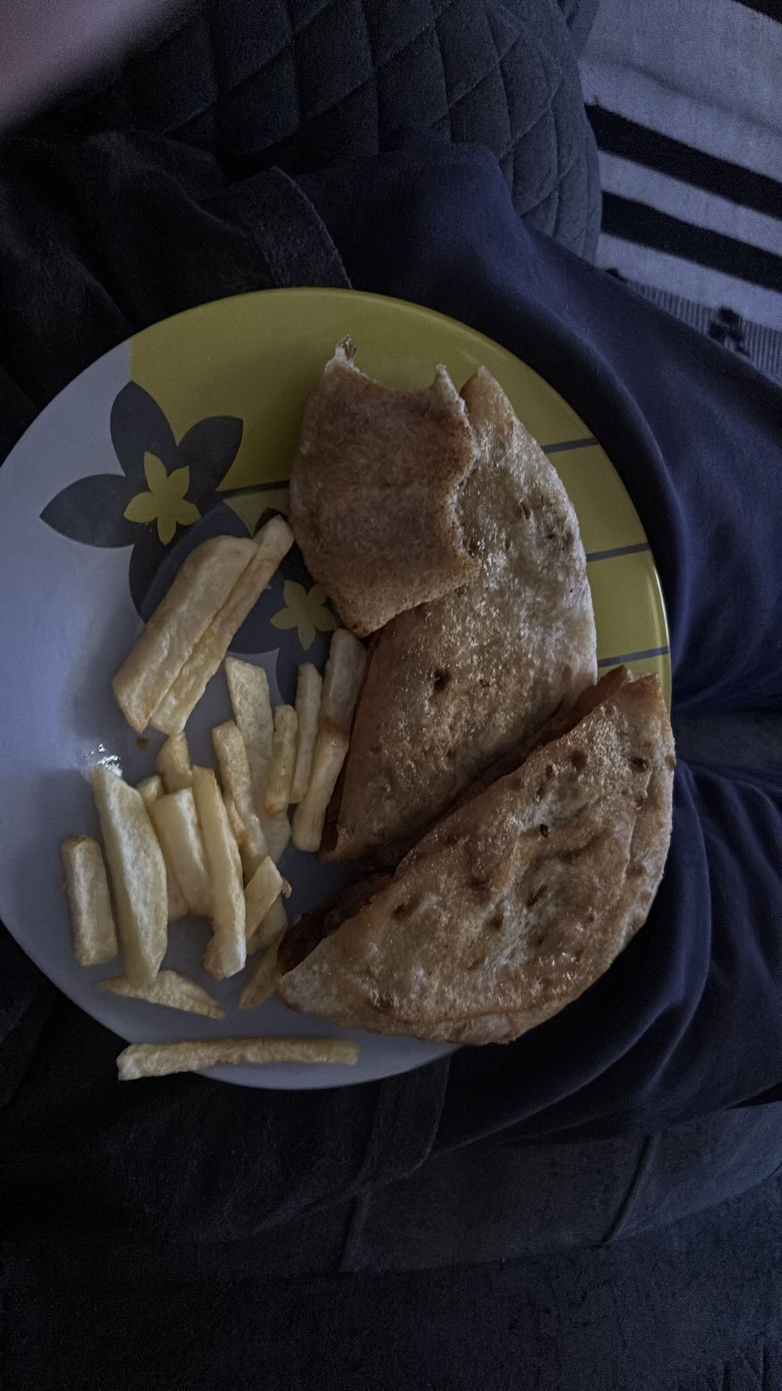 Stuffed flatbread and fries