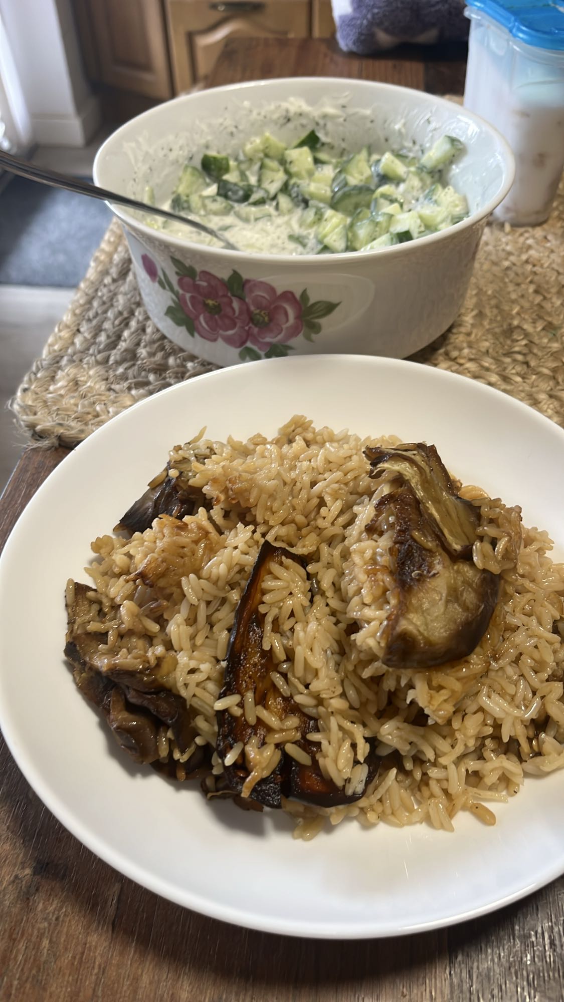 Aubergine Rice & Cucumber Yogurt