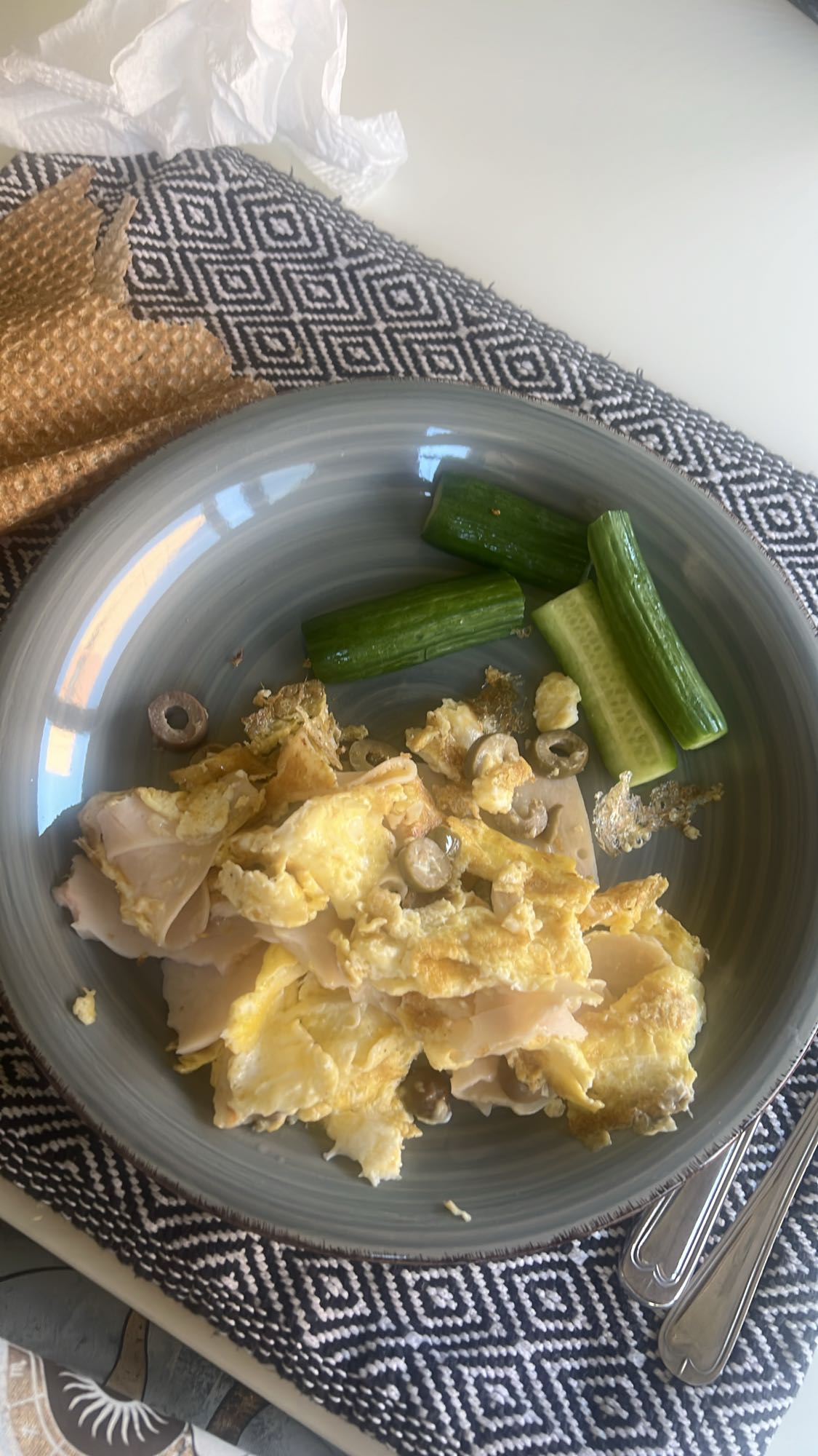 Eggs, turkey, cucumber plate