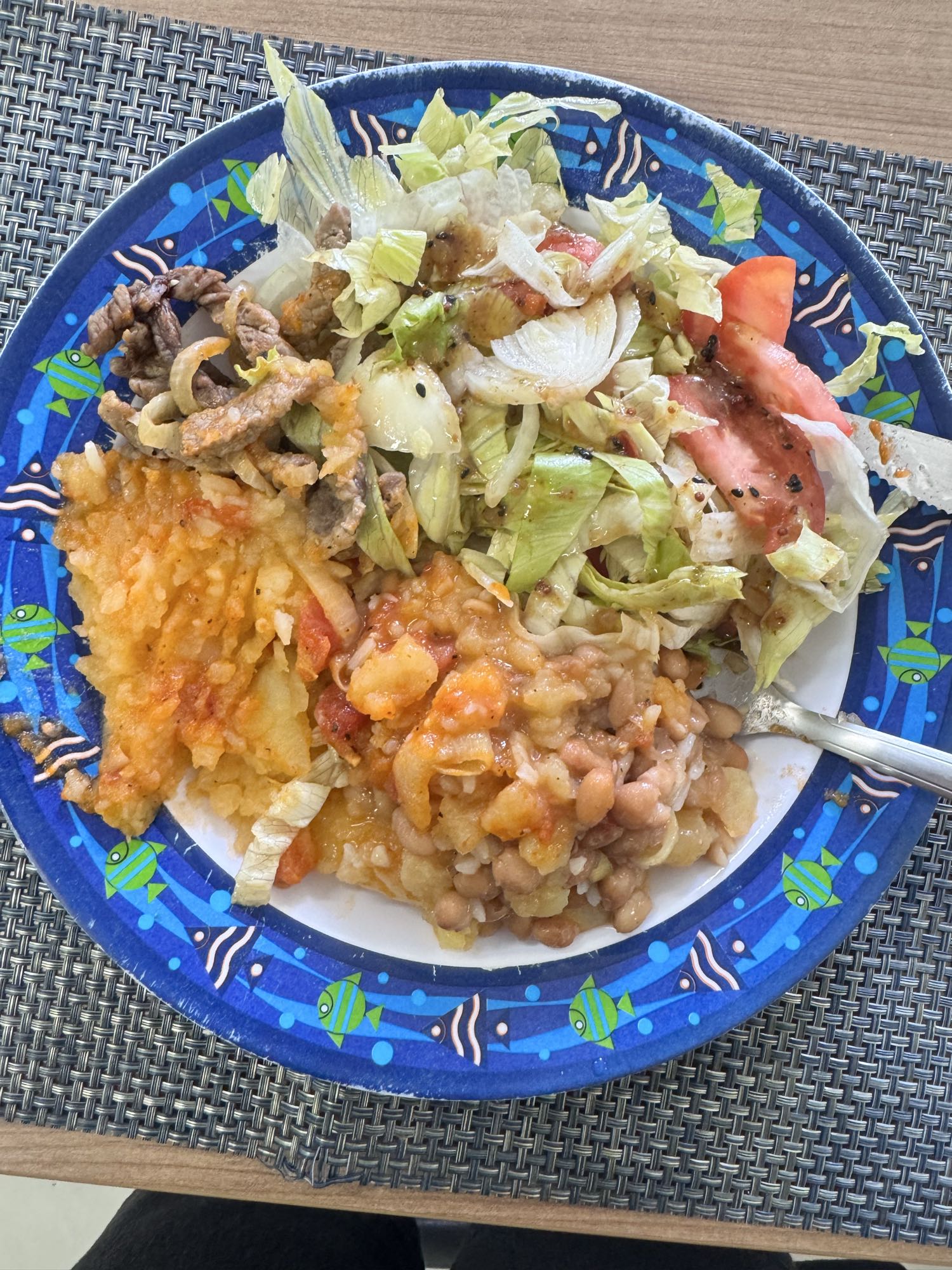 Arroz, feijão, carne e salada