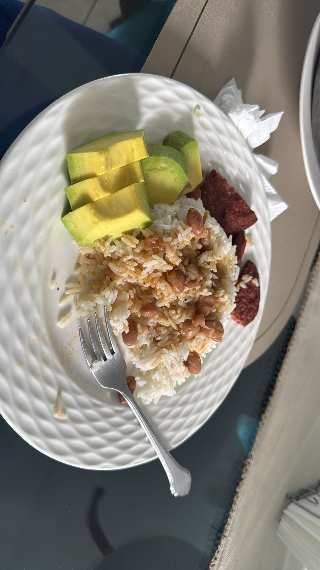 Rice, beans, avocado, sausage