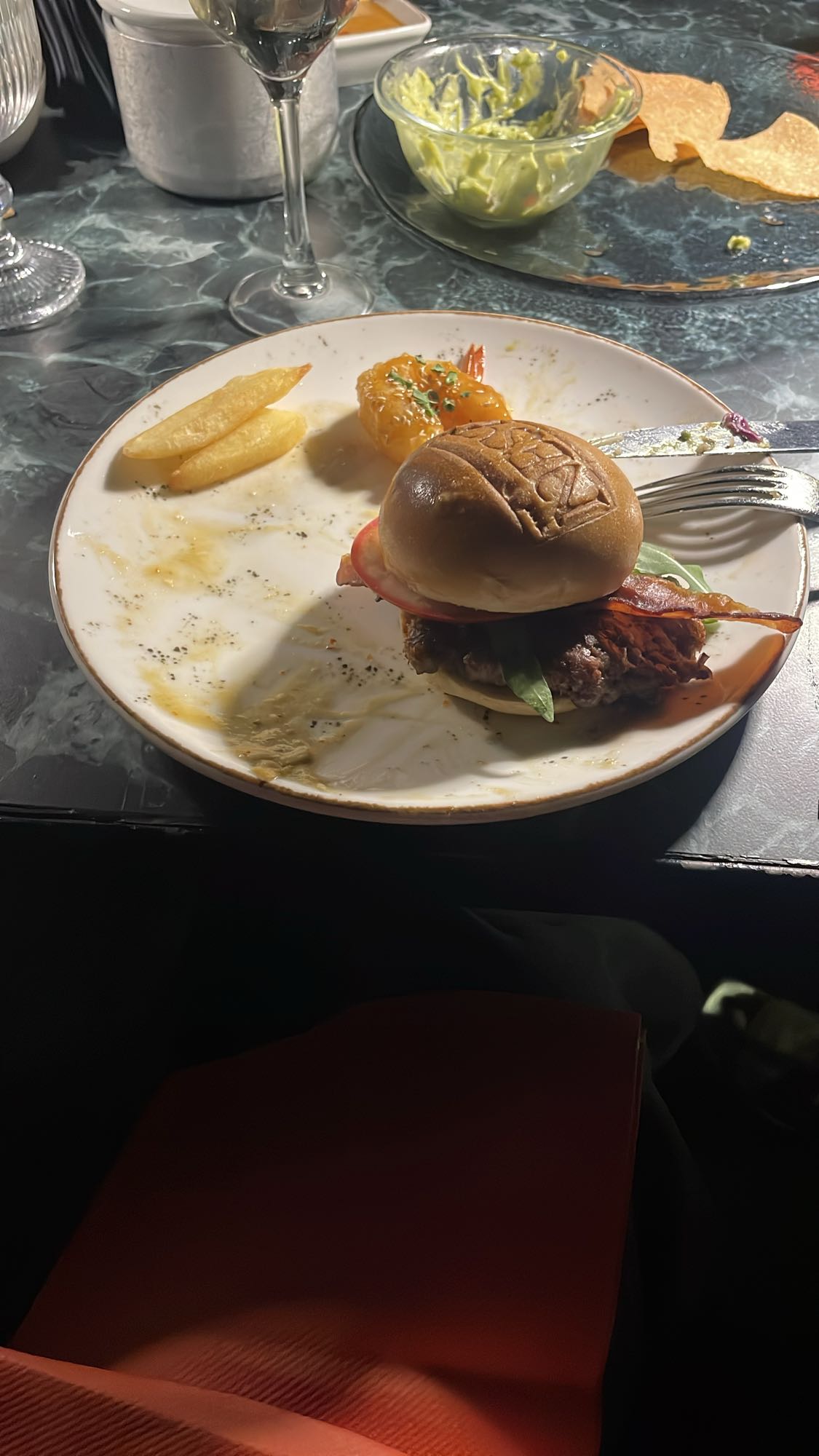 Burger with fries and shrimp