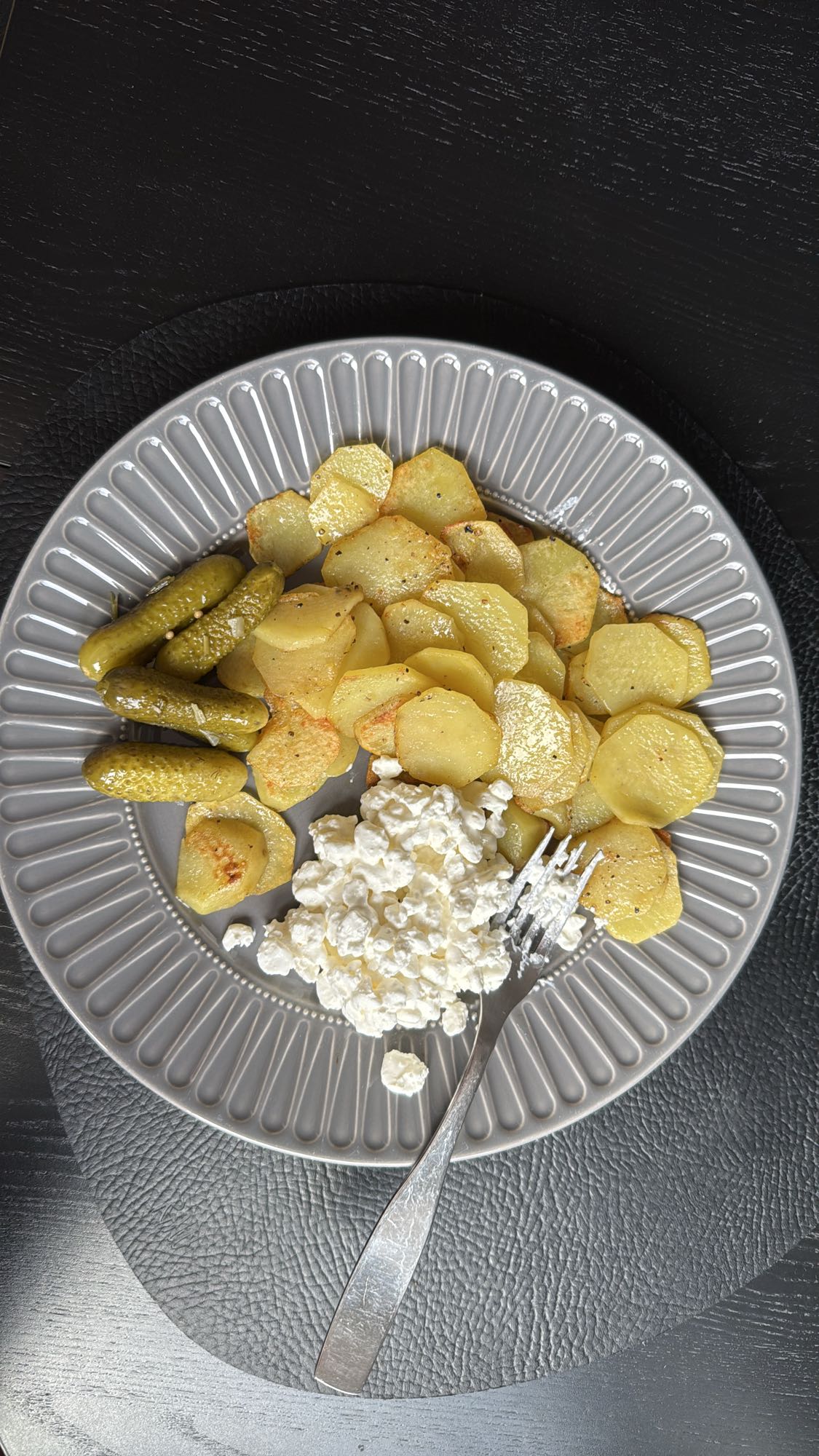 Potatoes, pickles, cottage cheese