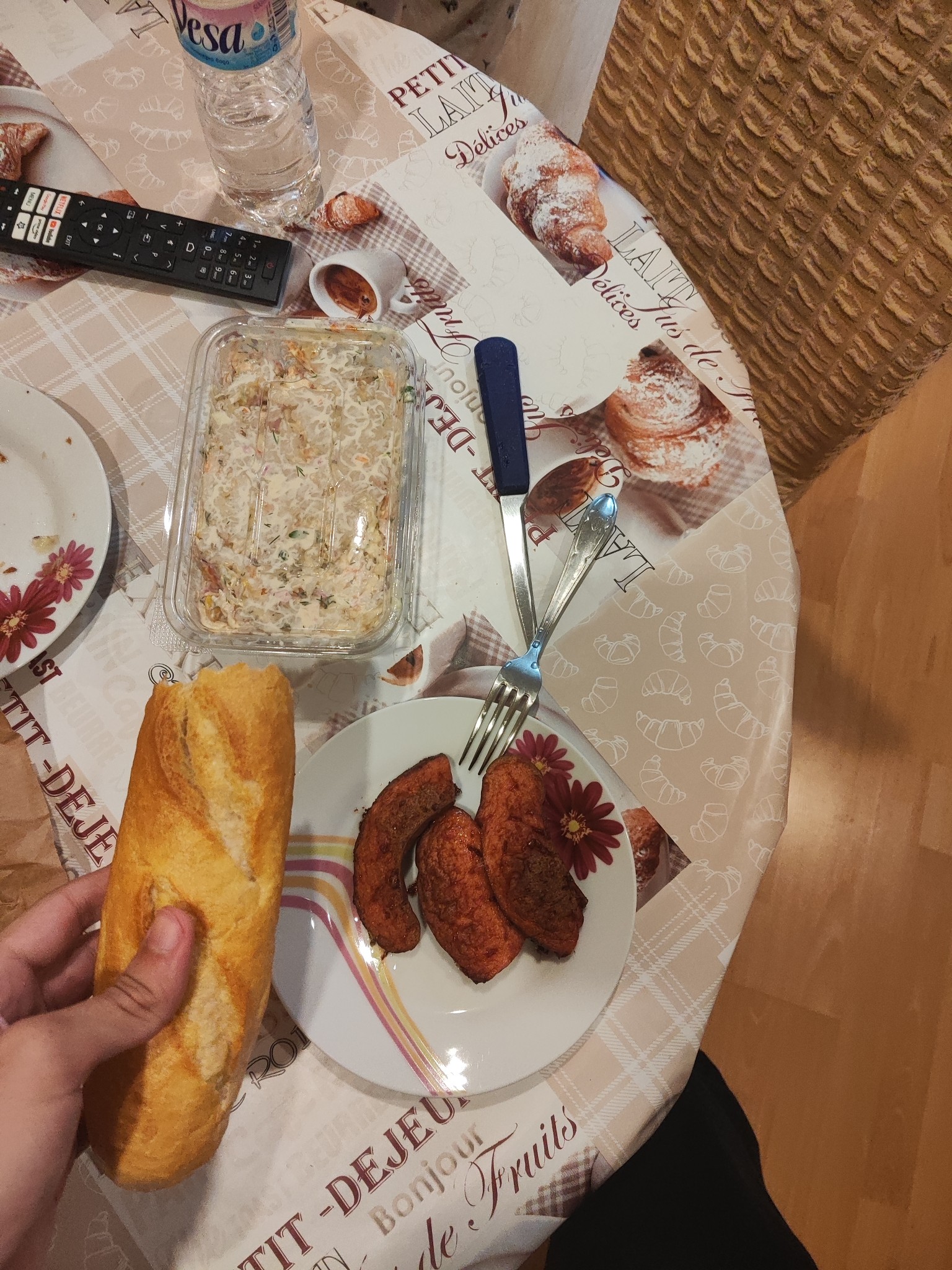 Bread, sausage, salad