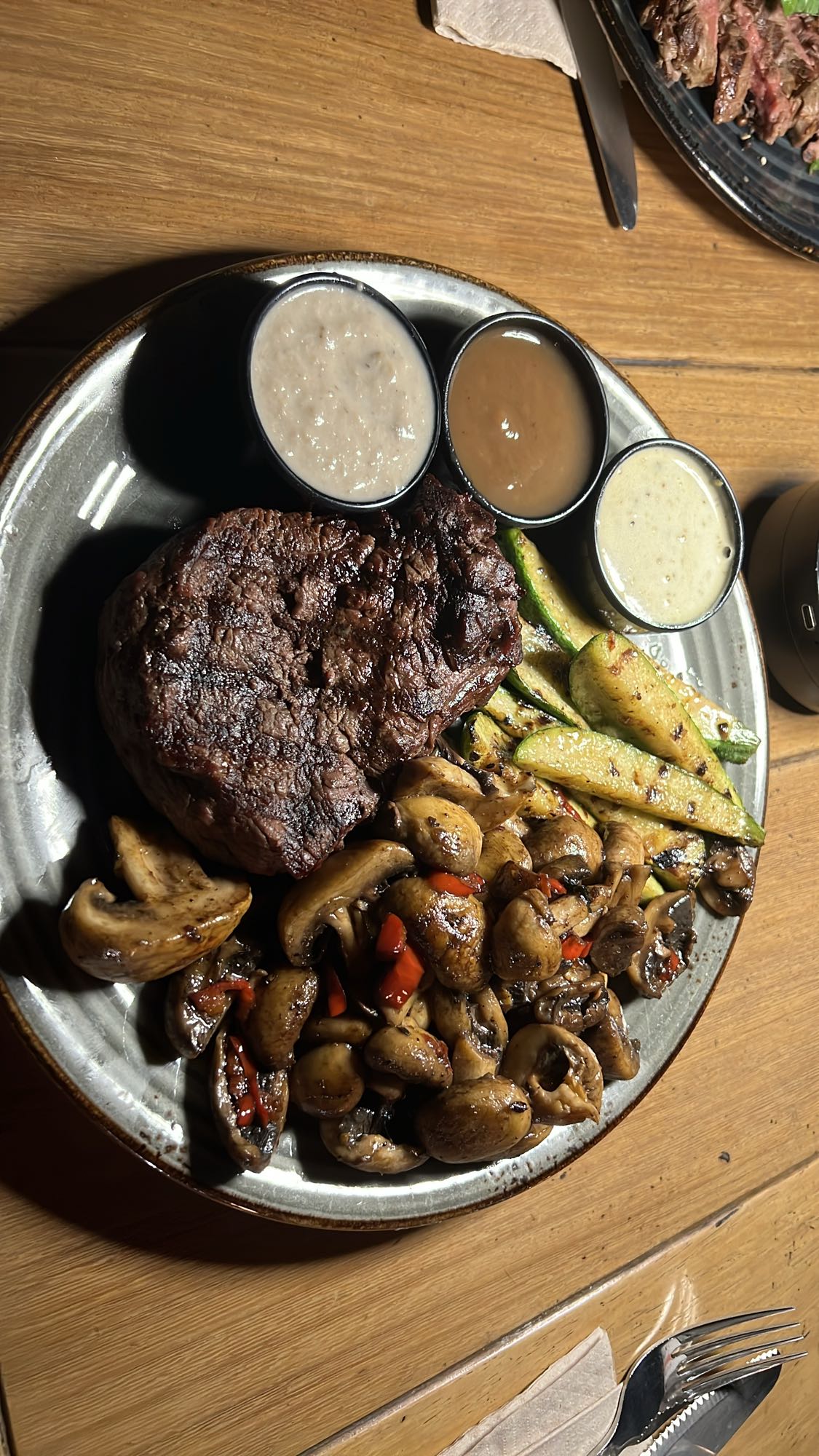 Steak with veggies & sauces