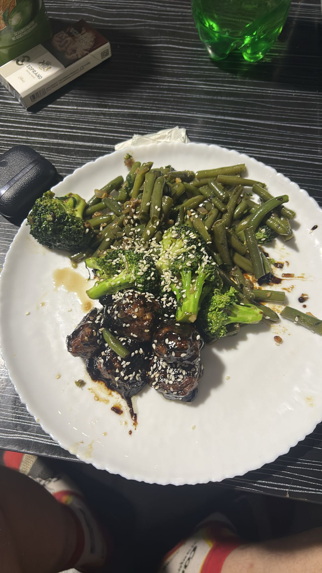 Chicken meatballs with greens and sesame soy sauce