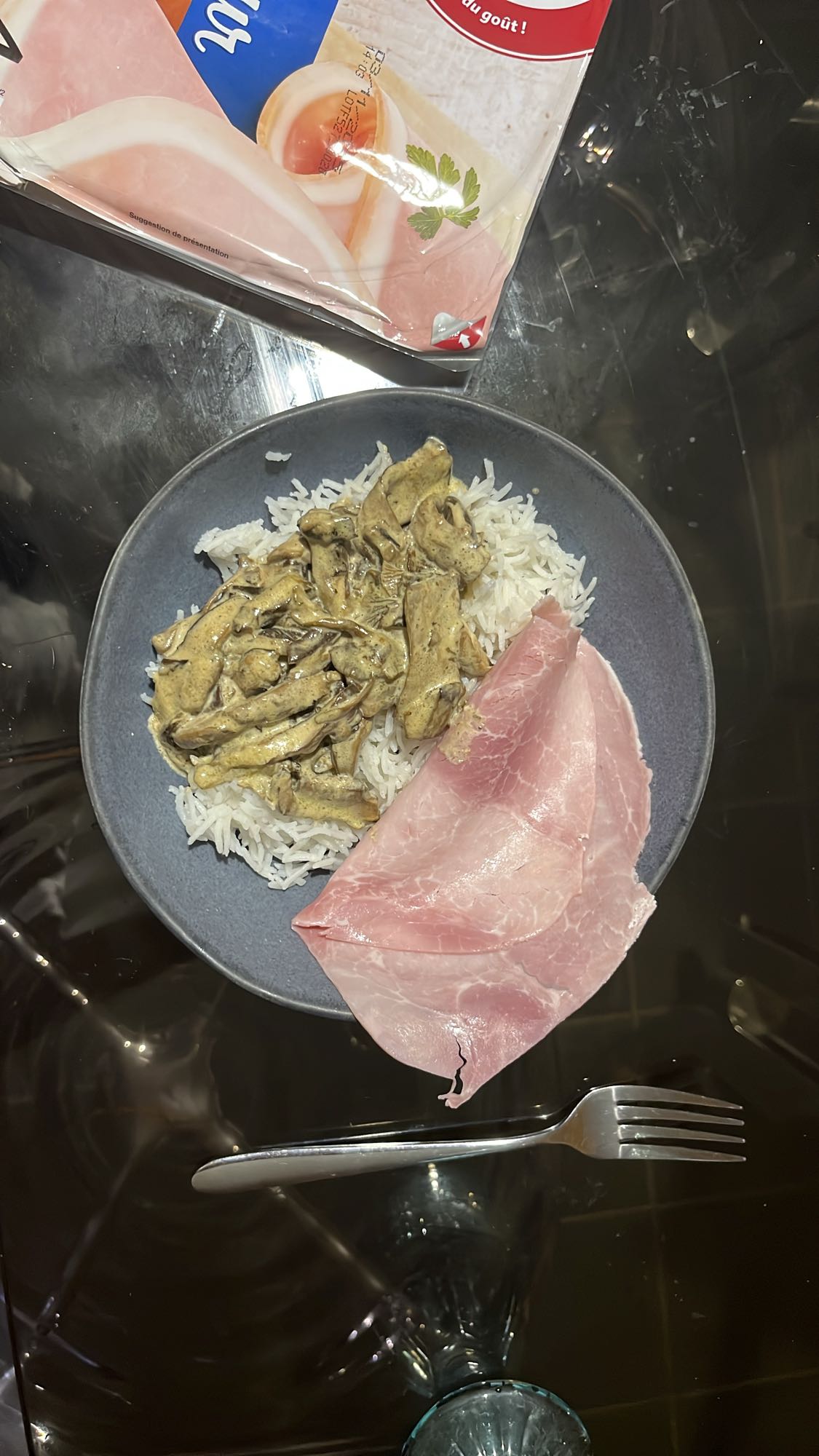 Riz, champignons, jambon