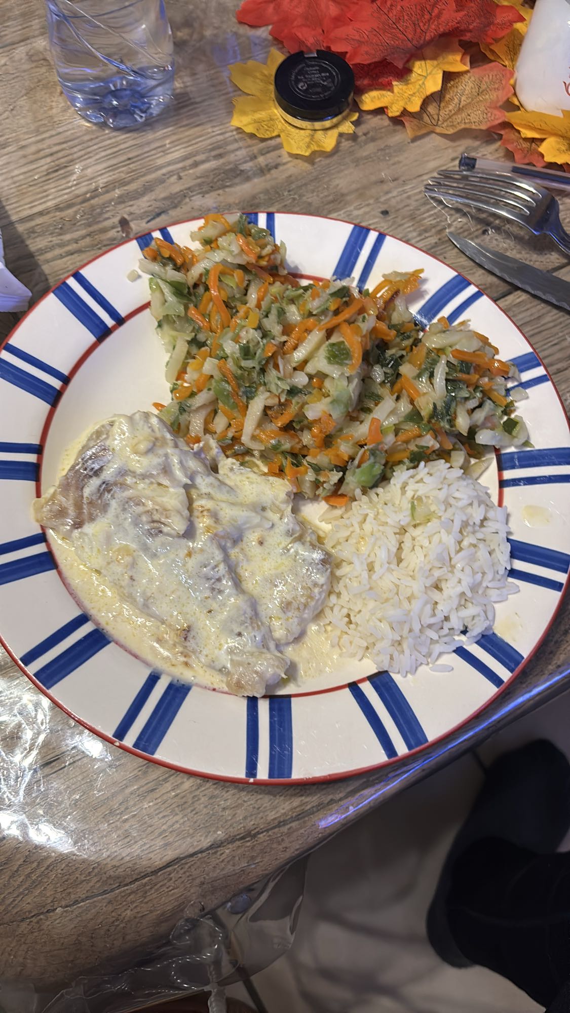 Poisson crème, riz, légumes
