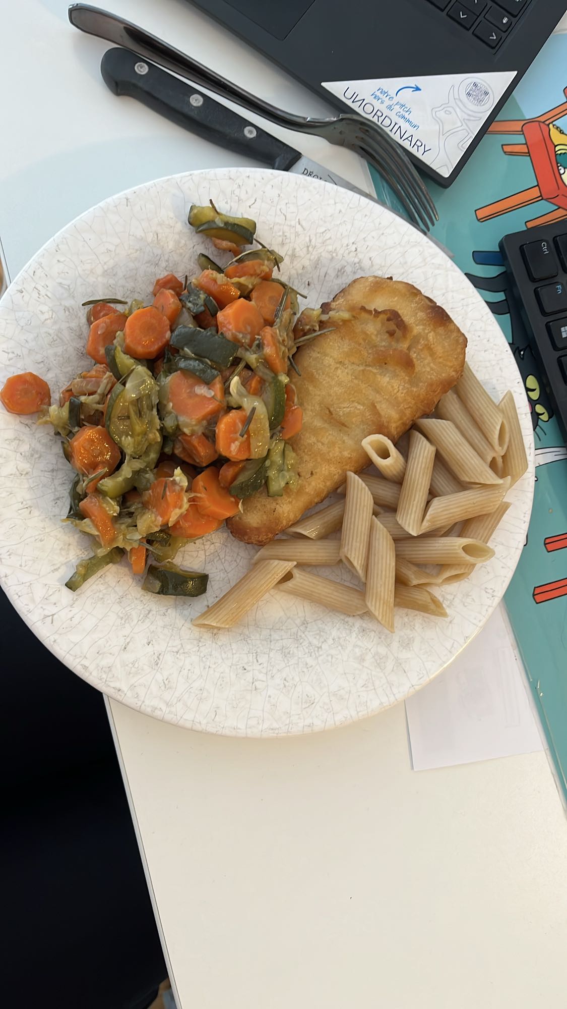 Poisson, légumes, pâtes