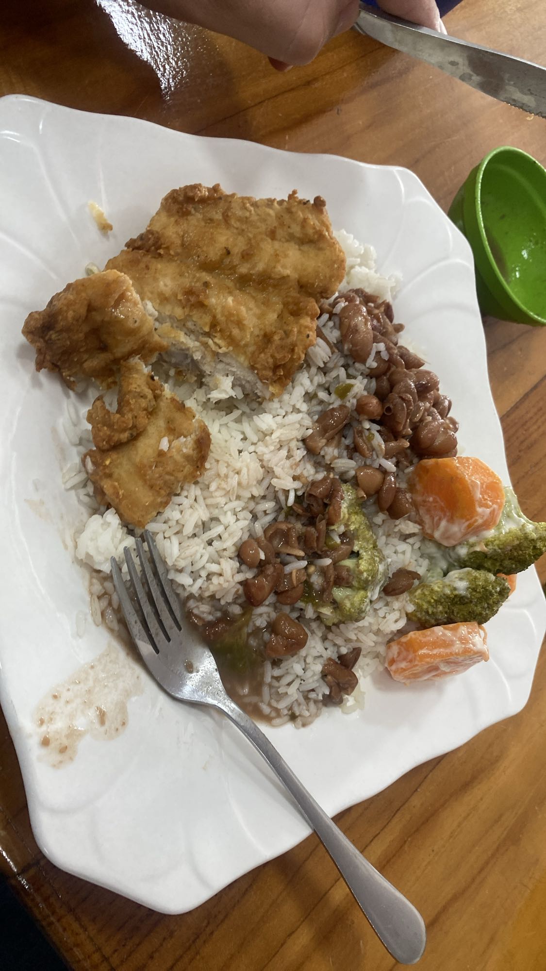 Pollo empanizado con arroz y frijoles