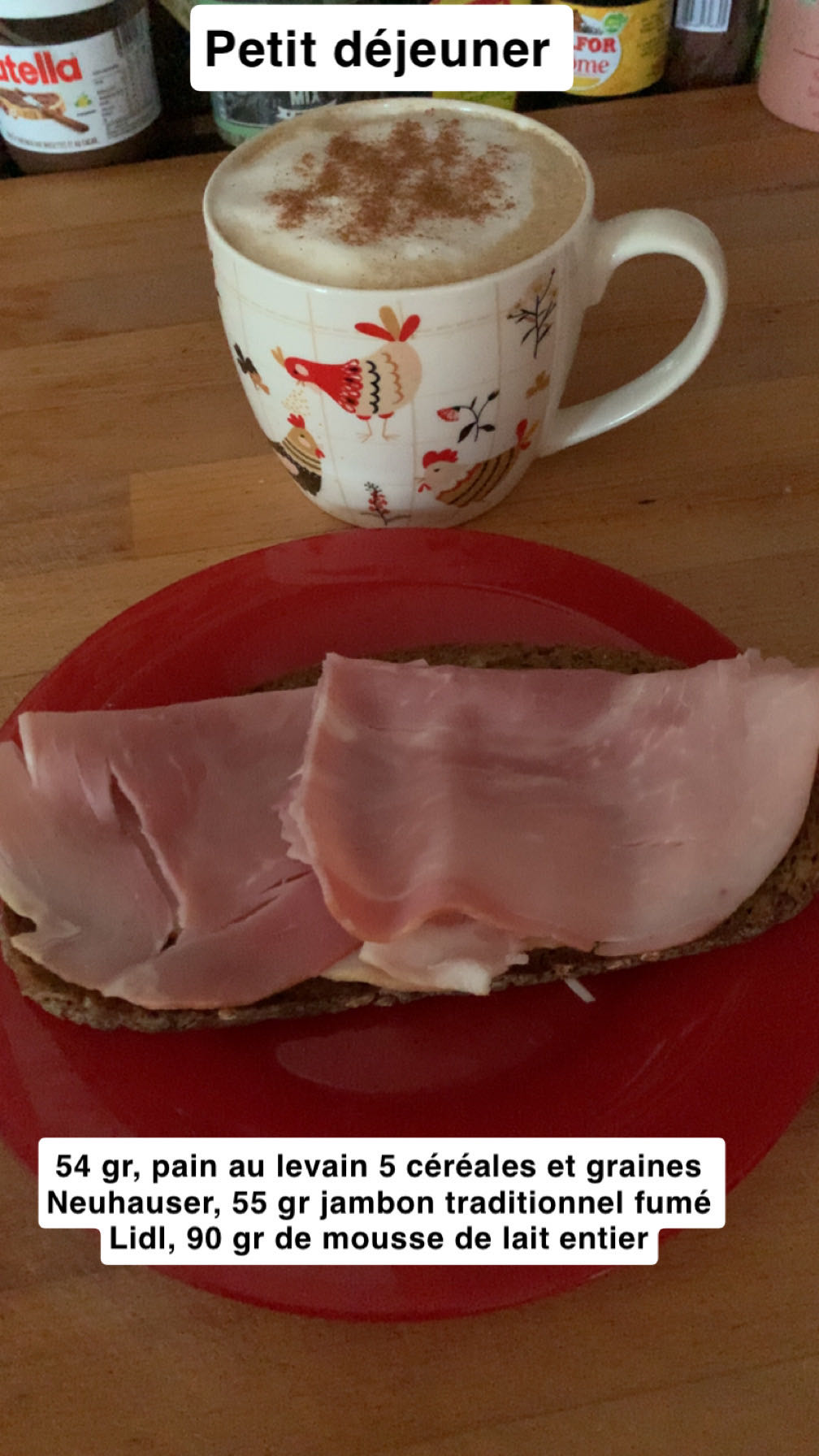 Pain aux céréales jambon, cappuccino