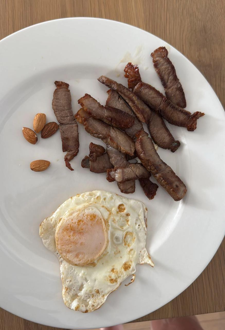 Egg, beef strips, almonds