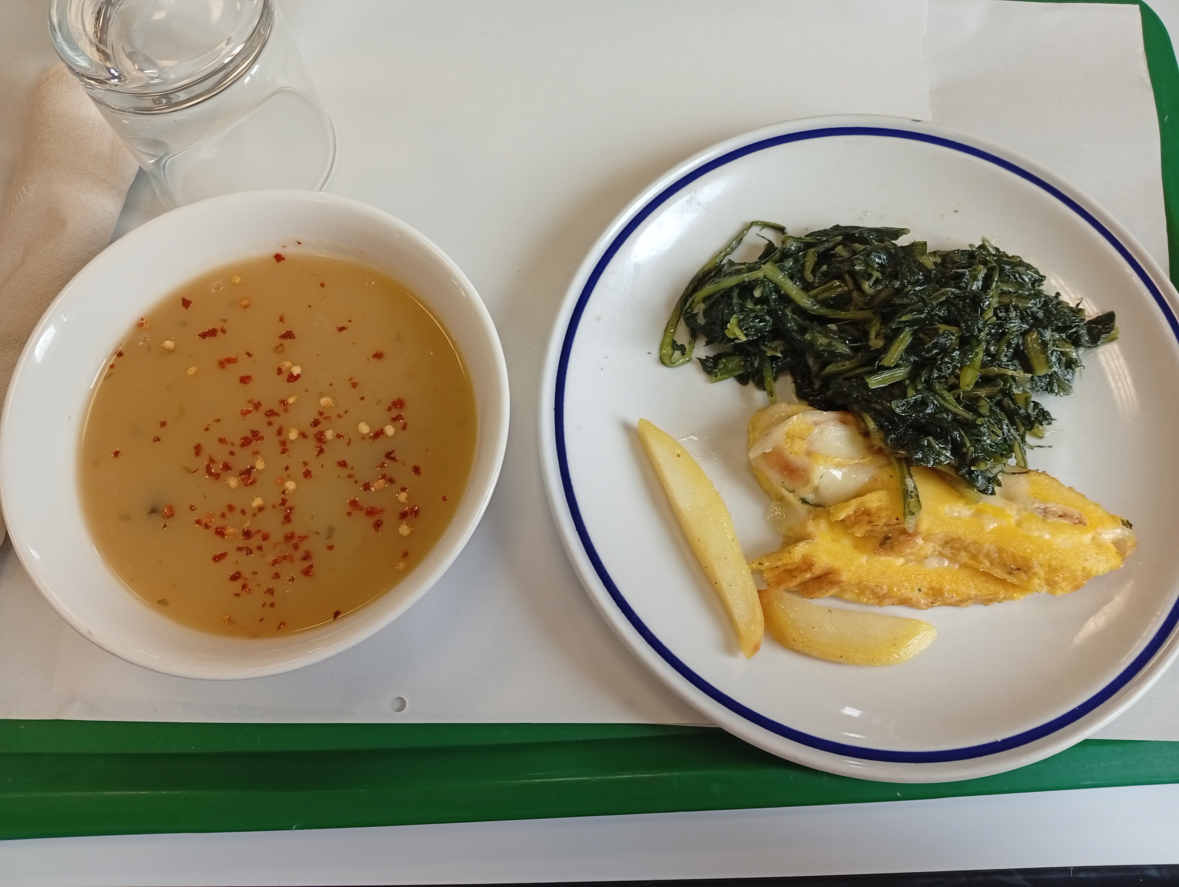 Soup, fish, greens, potato