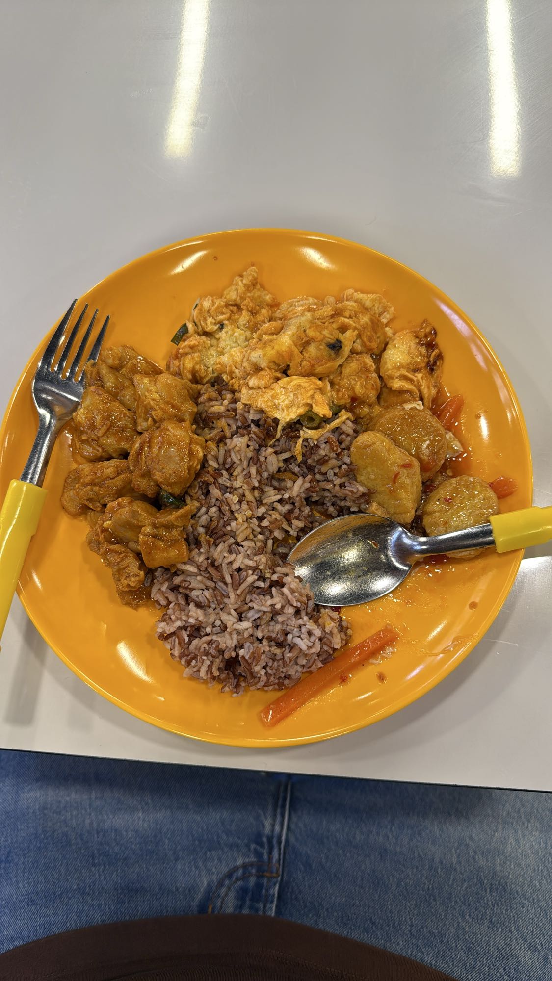 Chicken, egg, rice plate