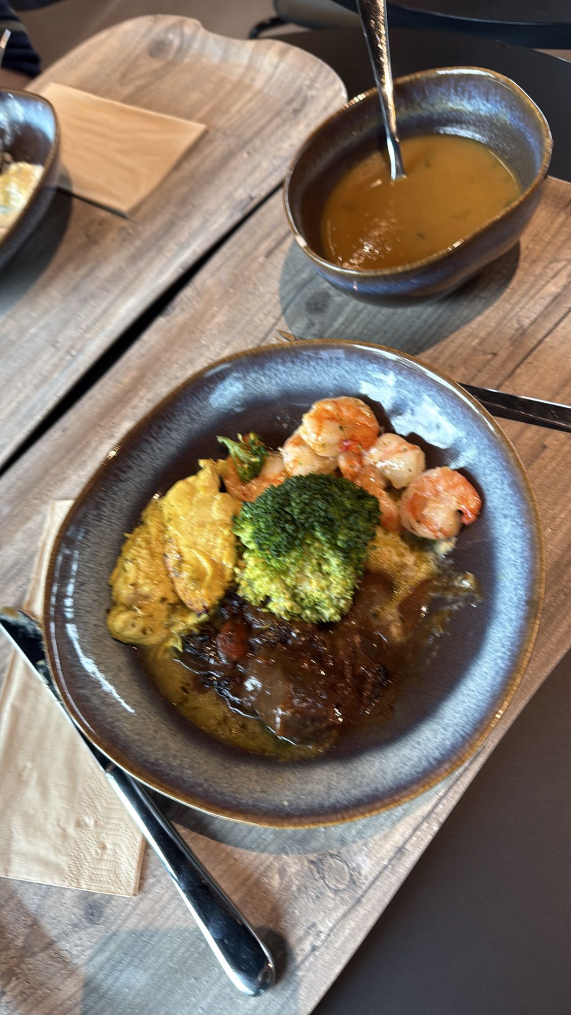 Shrimp, beef, broccoli plate