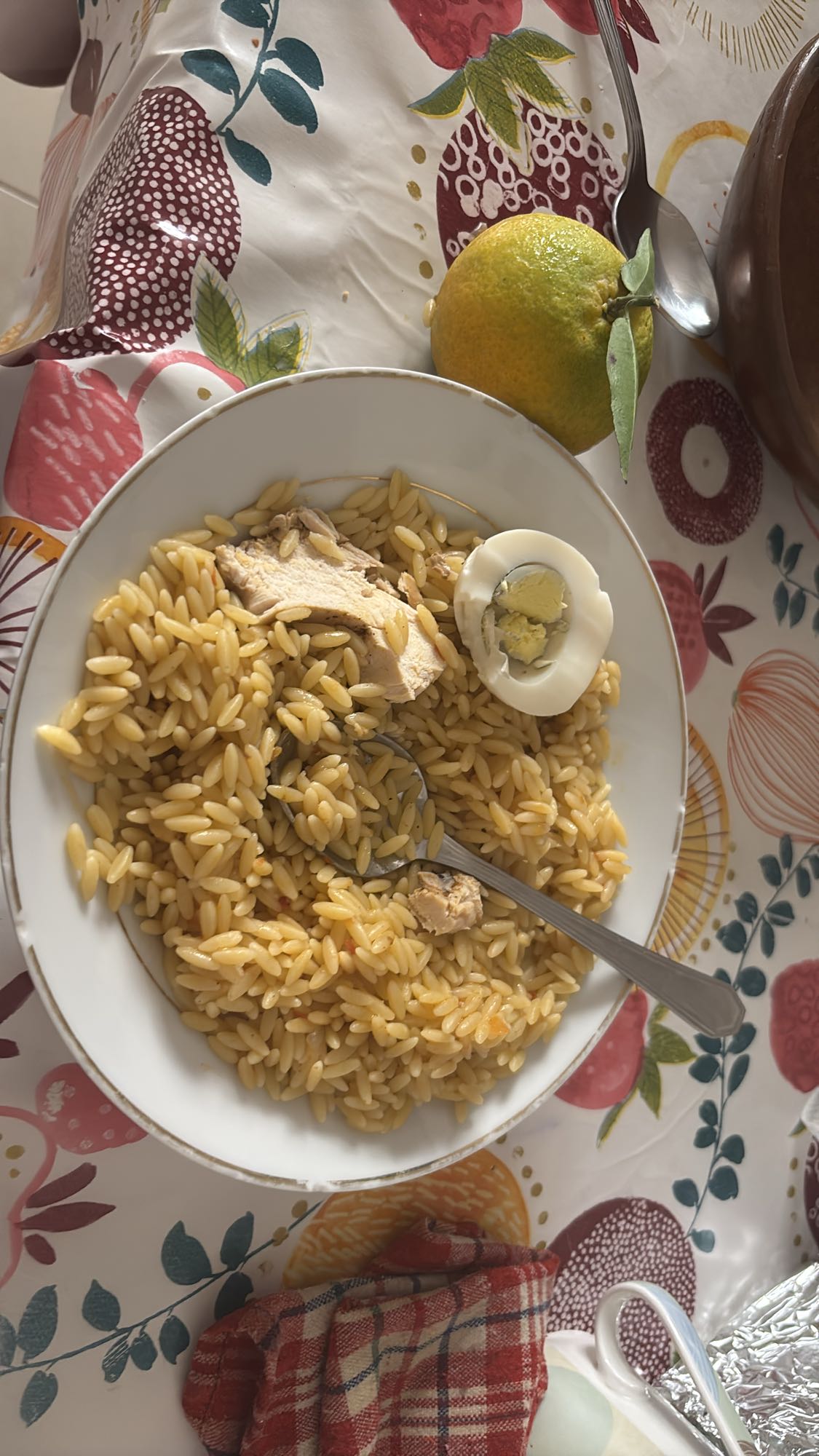 Pâtes orzo, poulet, œuf
