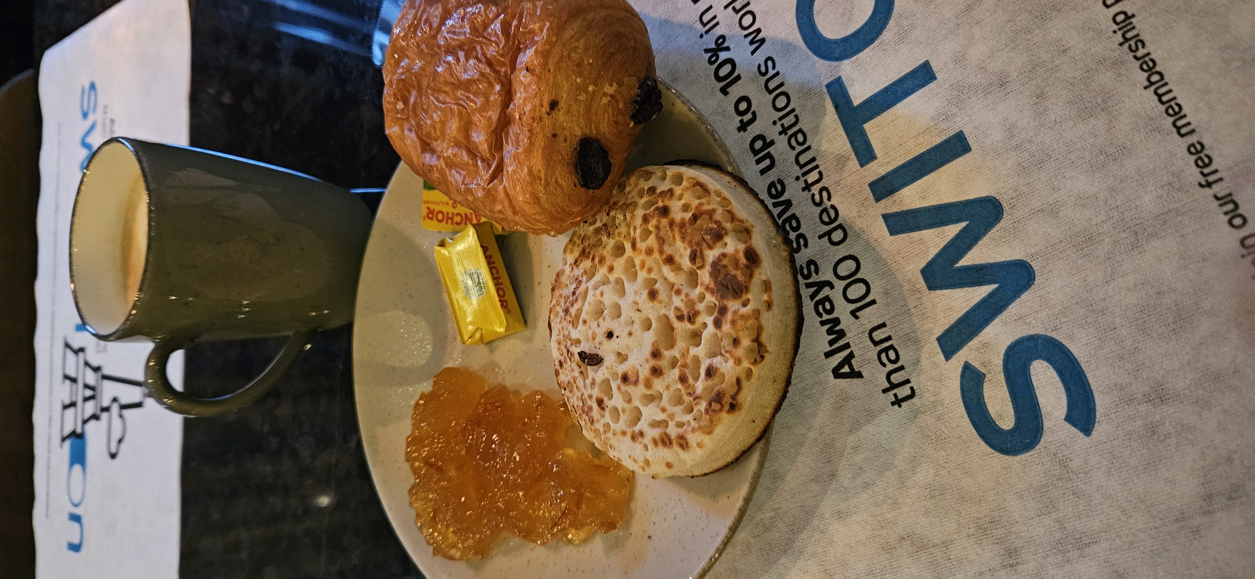 Pastry and crumpet breakfast