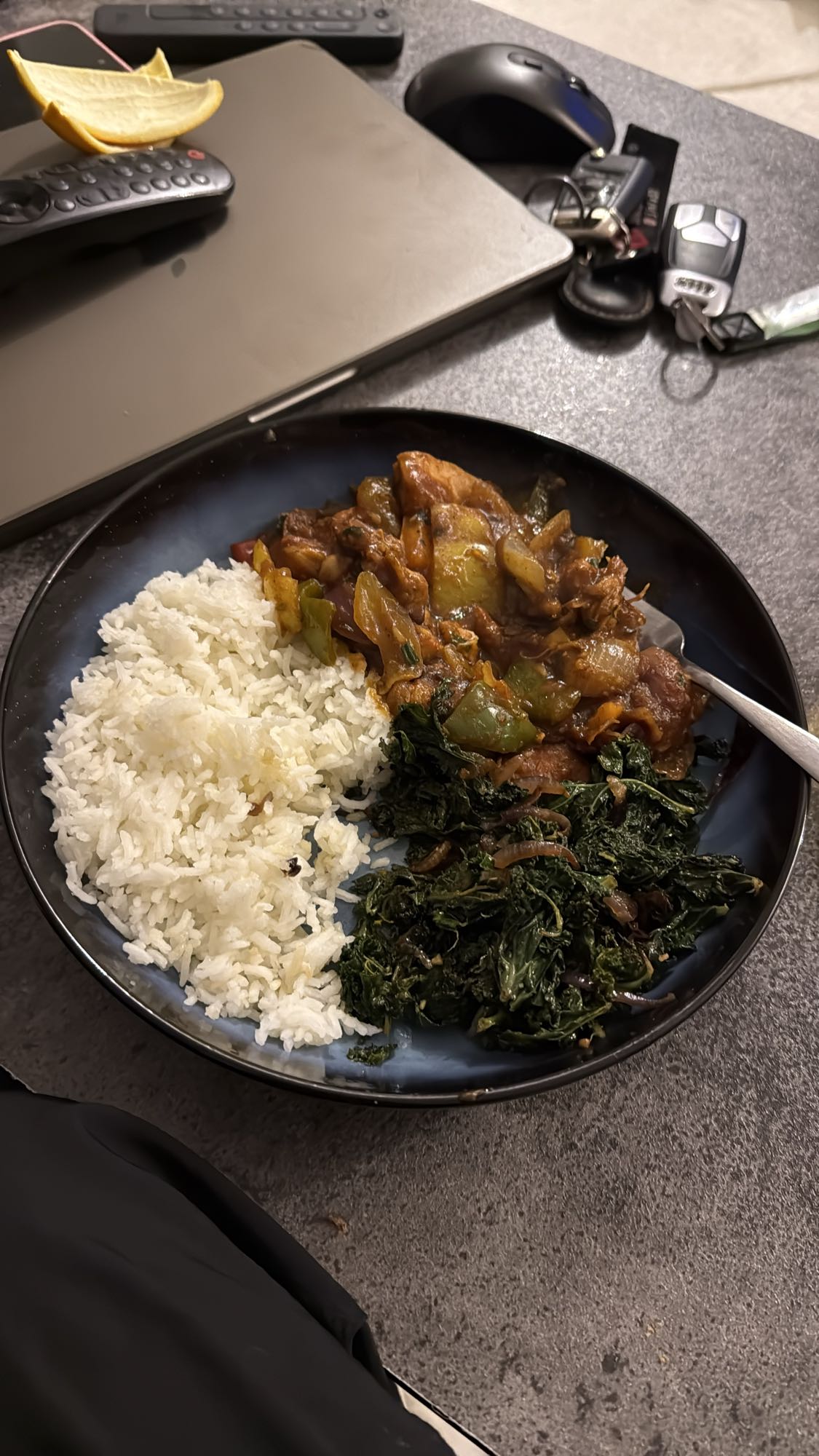 Rice, chicken stew & greens