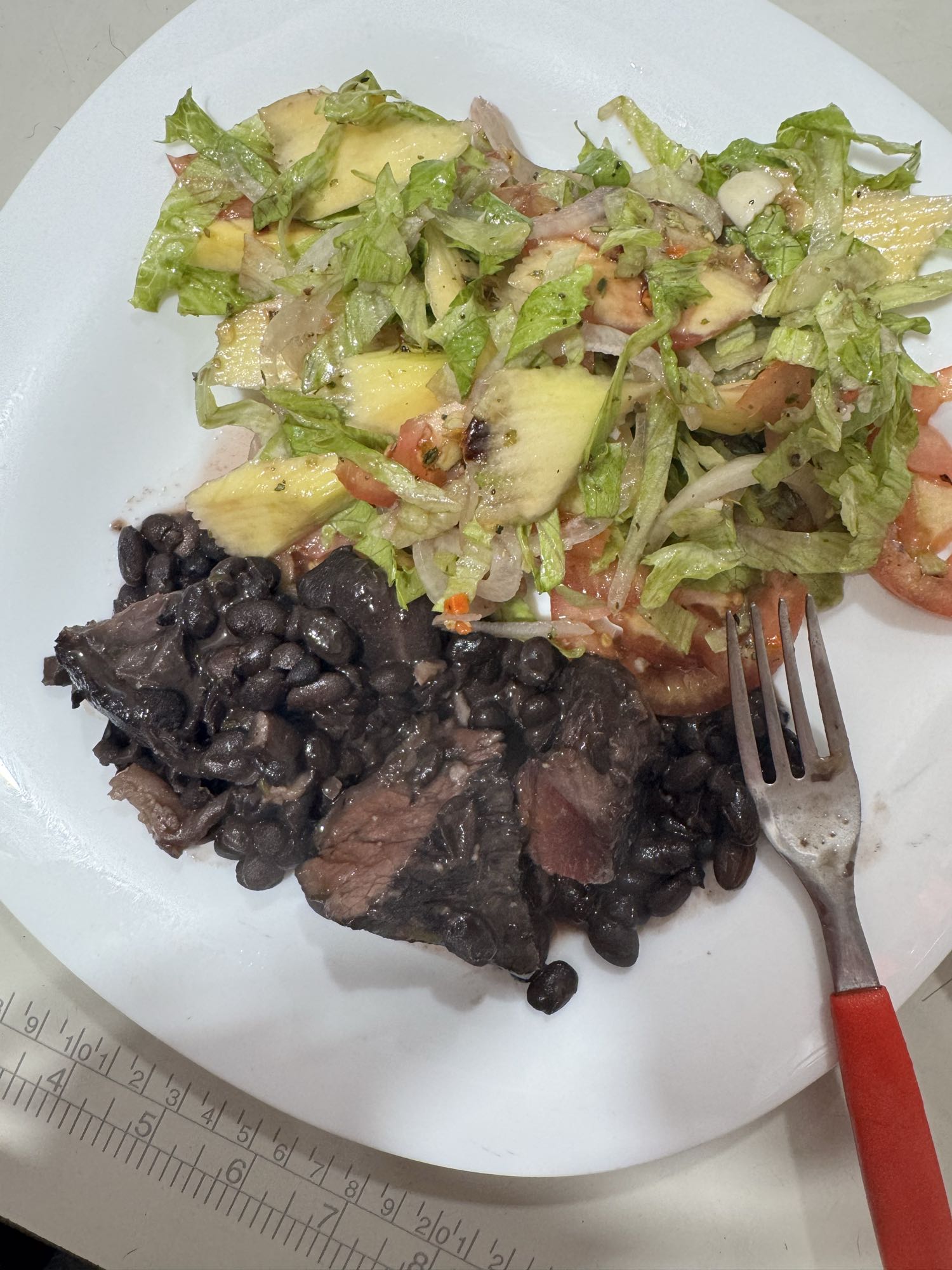 Carne com feijão e salada