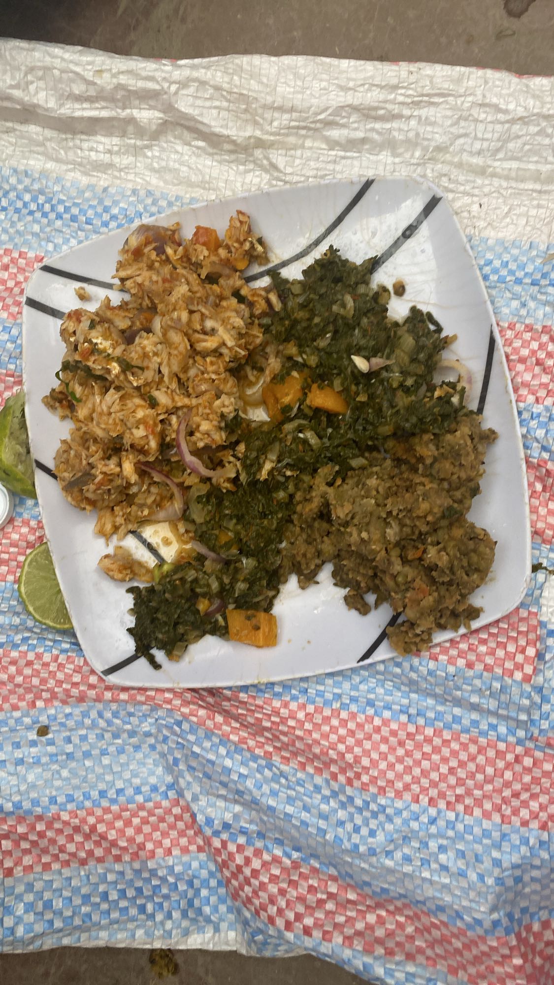 Shredded fish, greens, beans