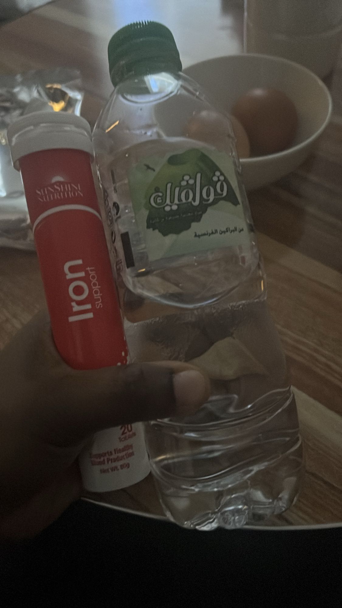 Eggs, water, iron tablet