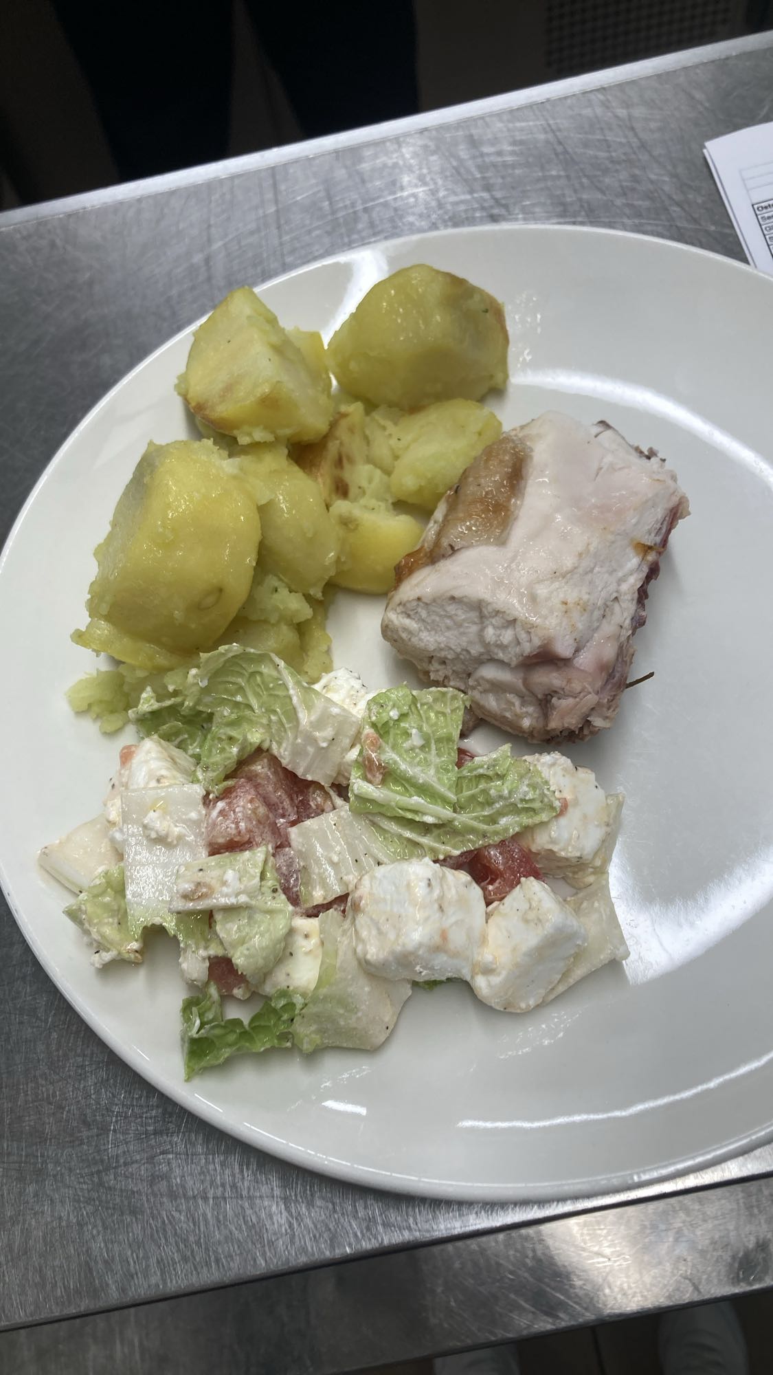 Chicken, potatoes, salad