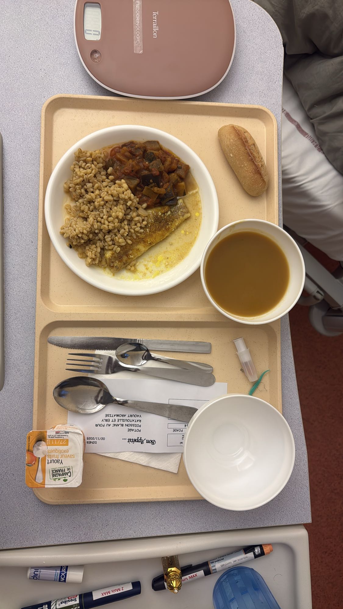 Poisson, céréales, soupe