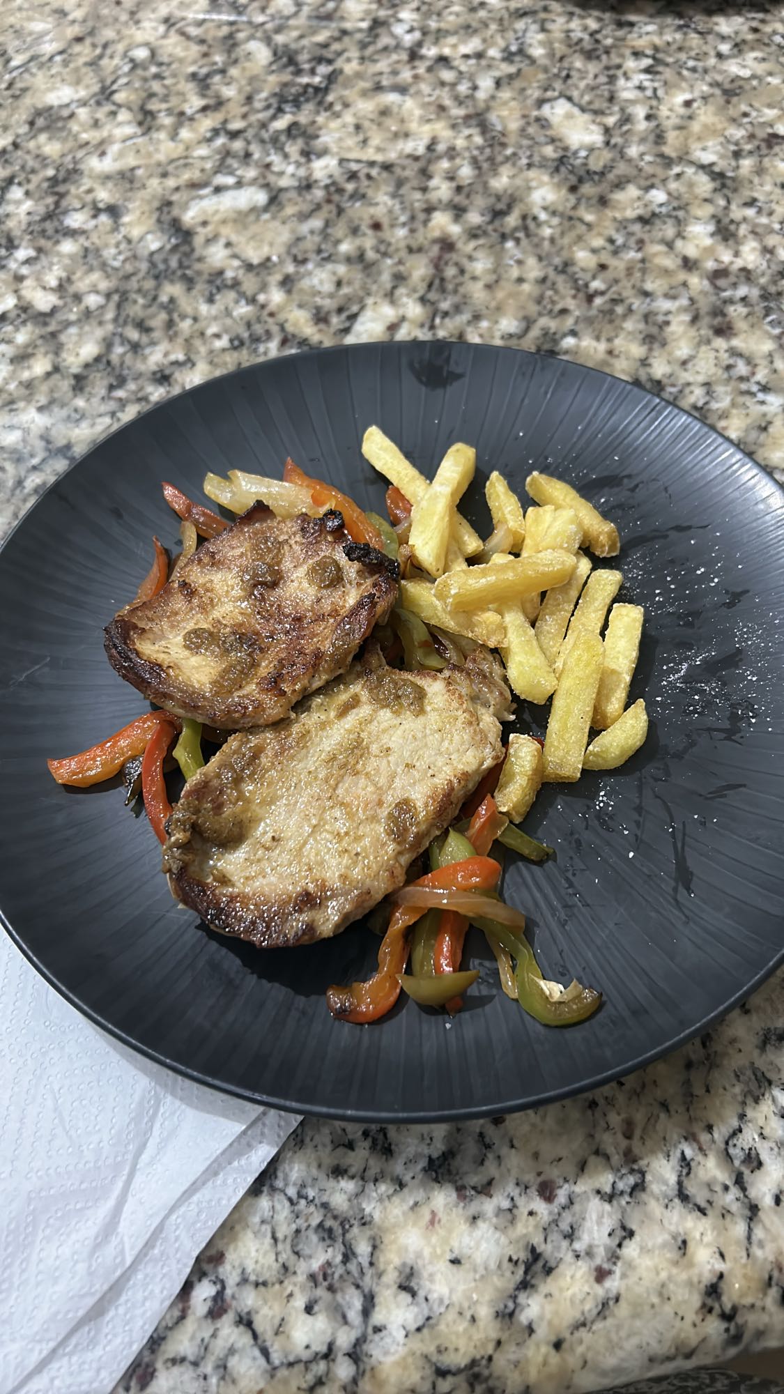 Pork chops with fries & peppers