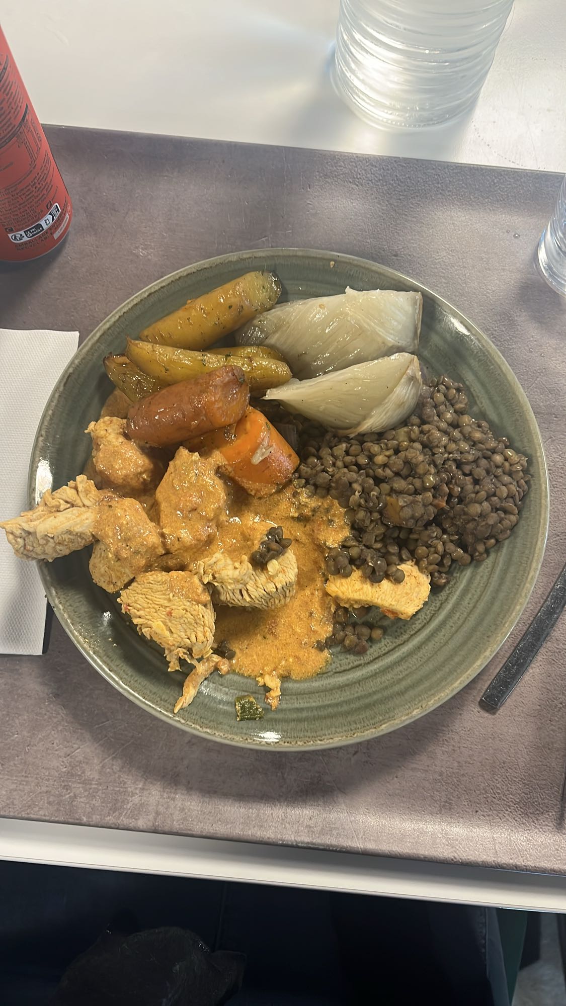 Poulet sauce, légumes, lentilles