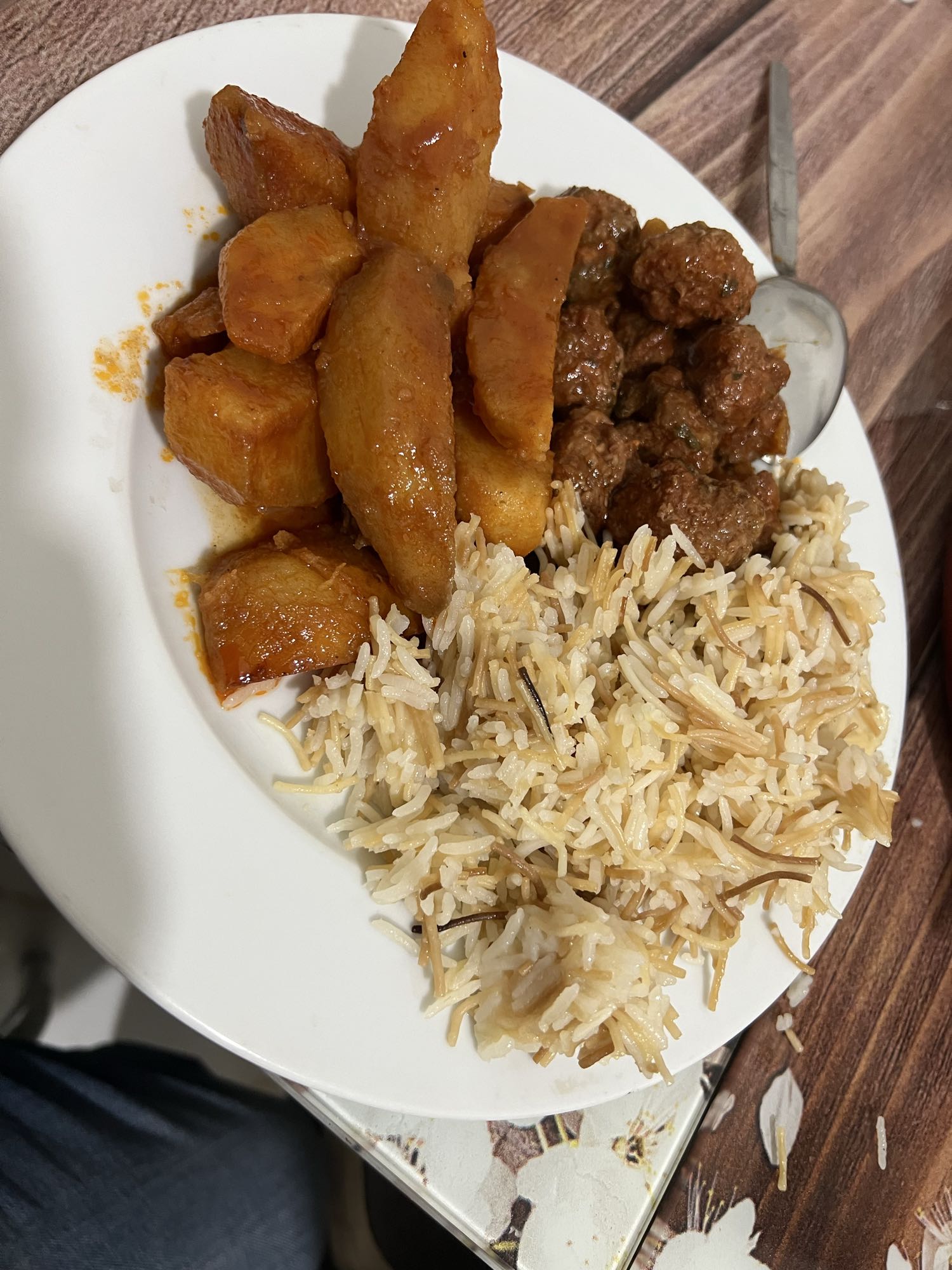 Rice, potatoes, meatballs