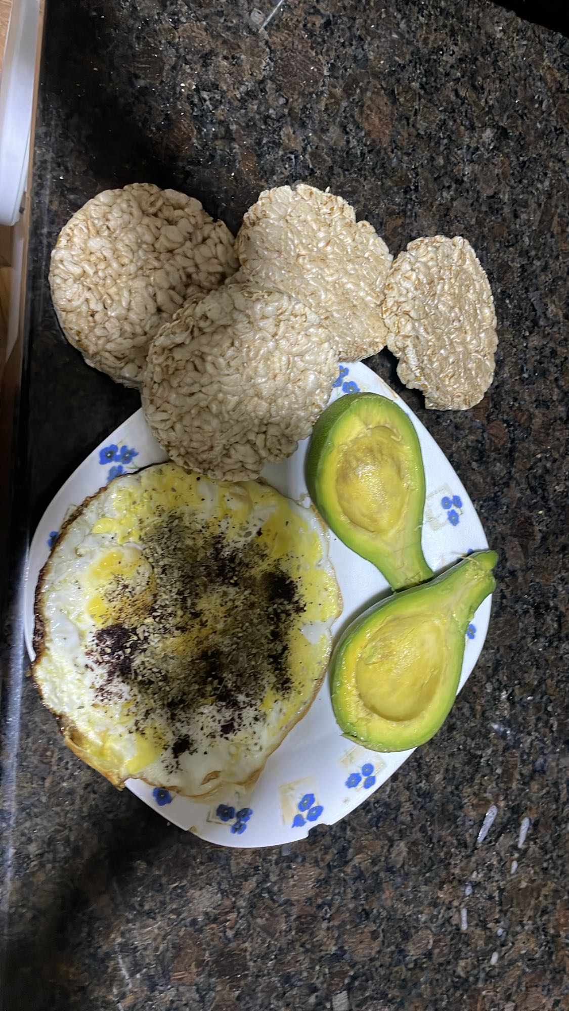 Eggs, Avocado, Rice Cakes