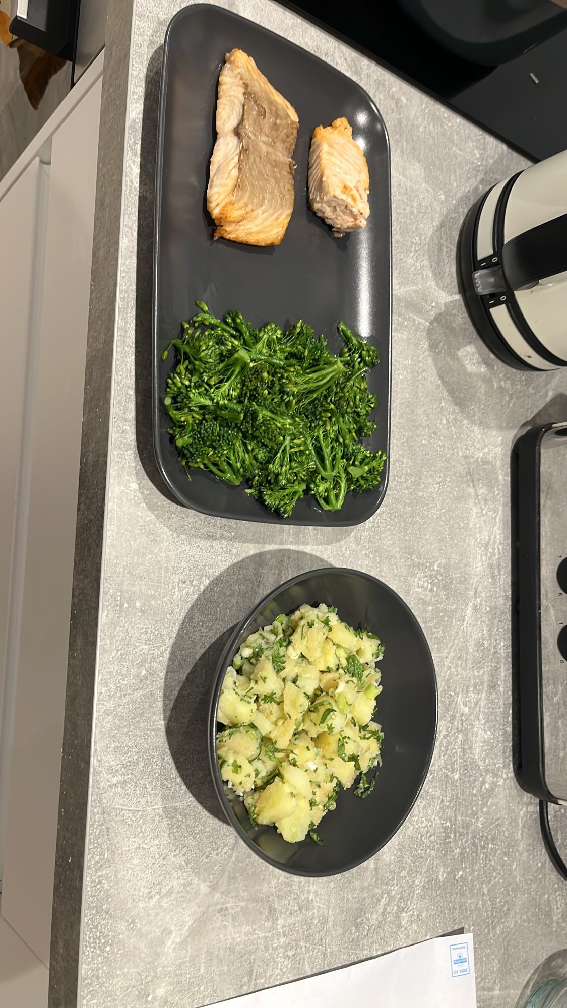 Salmon, broccolini, potato salad