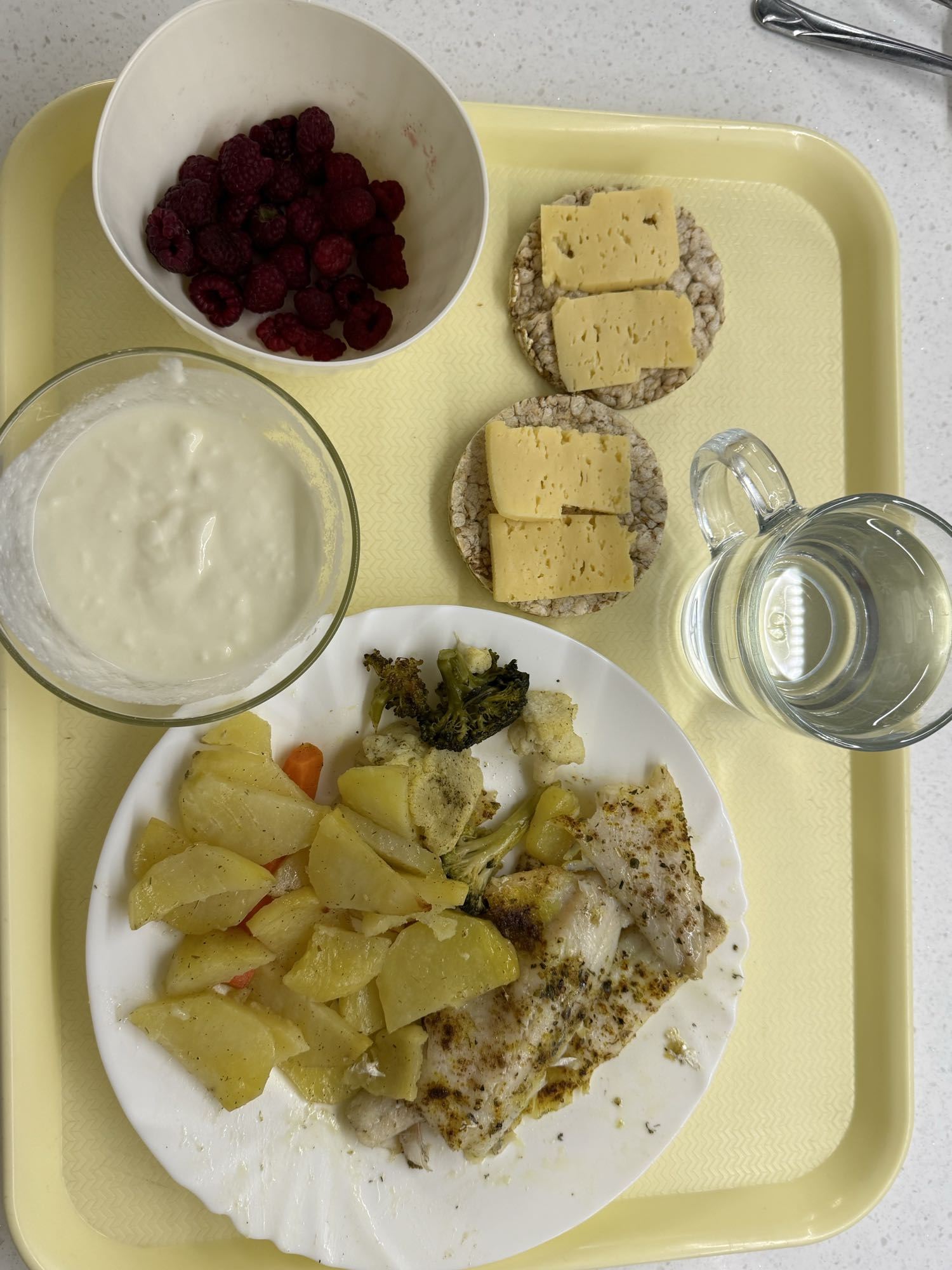 Fish, potatoes, cheese, yogurt