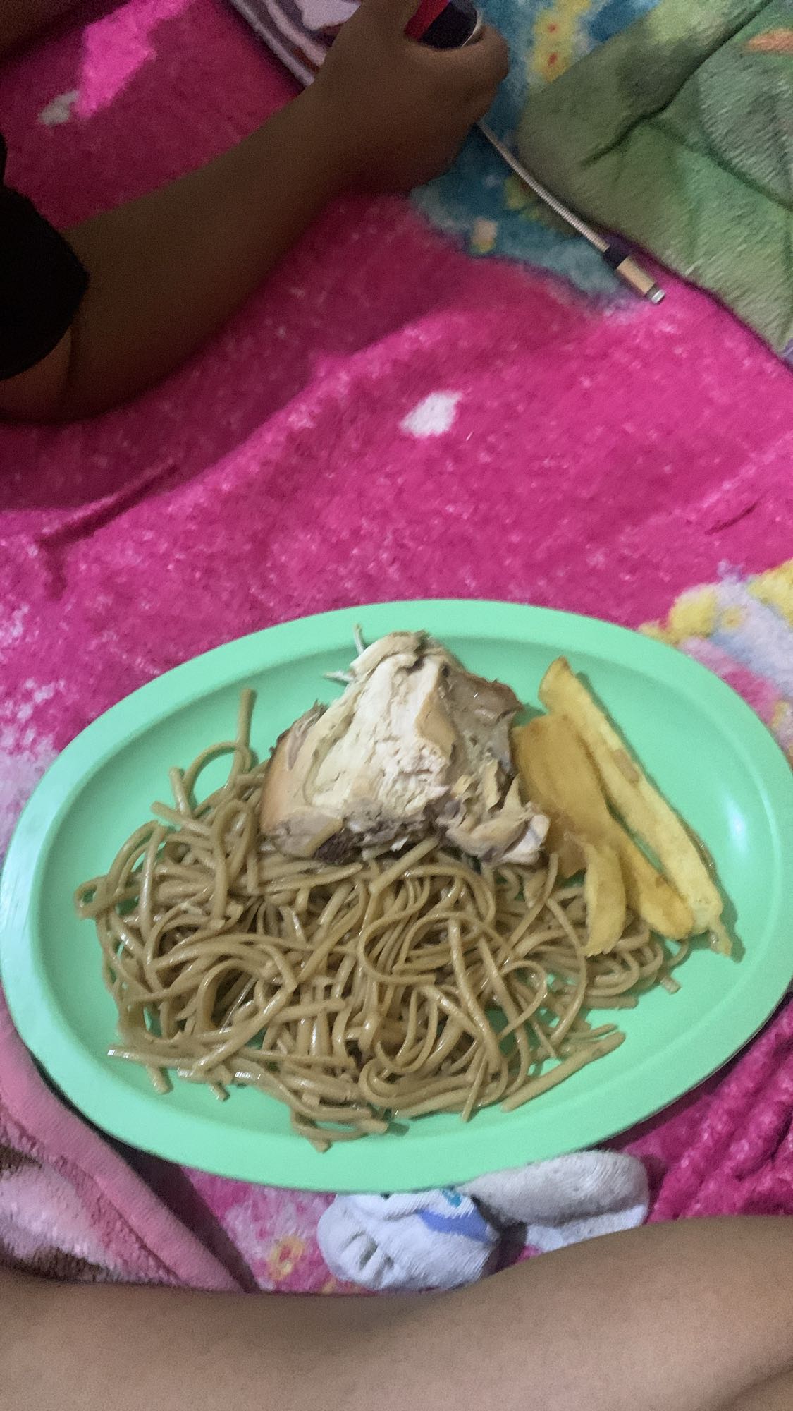 Pollo con fideos y papas
