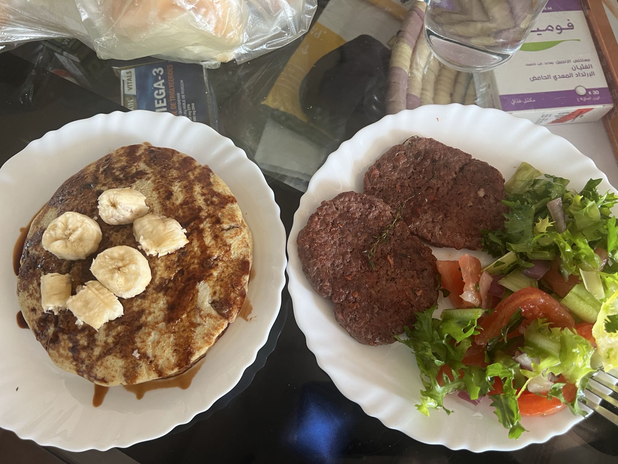 Pancakes, patties, salad