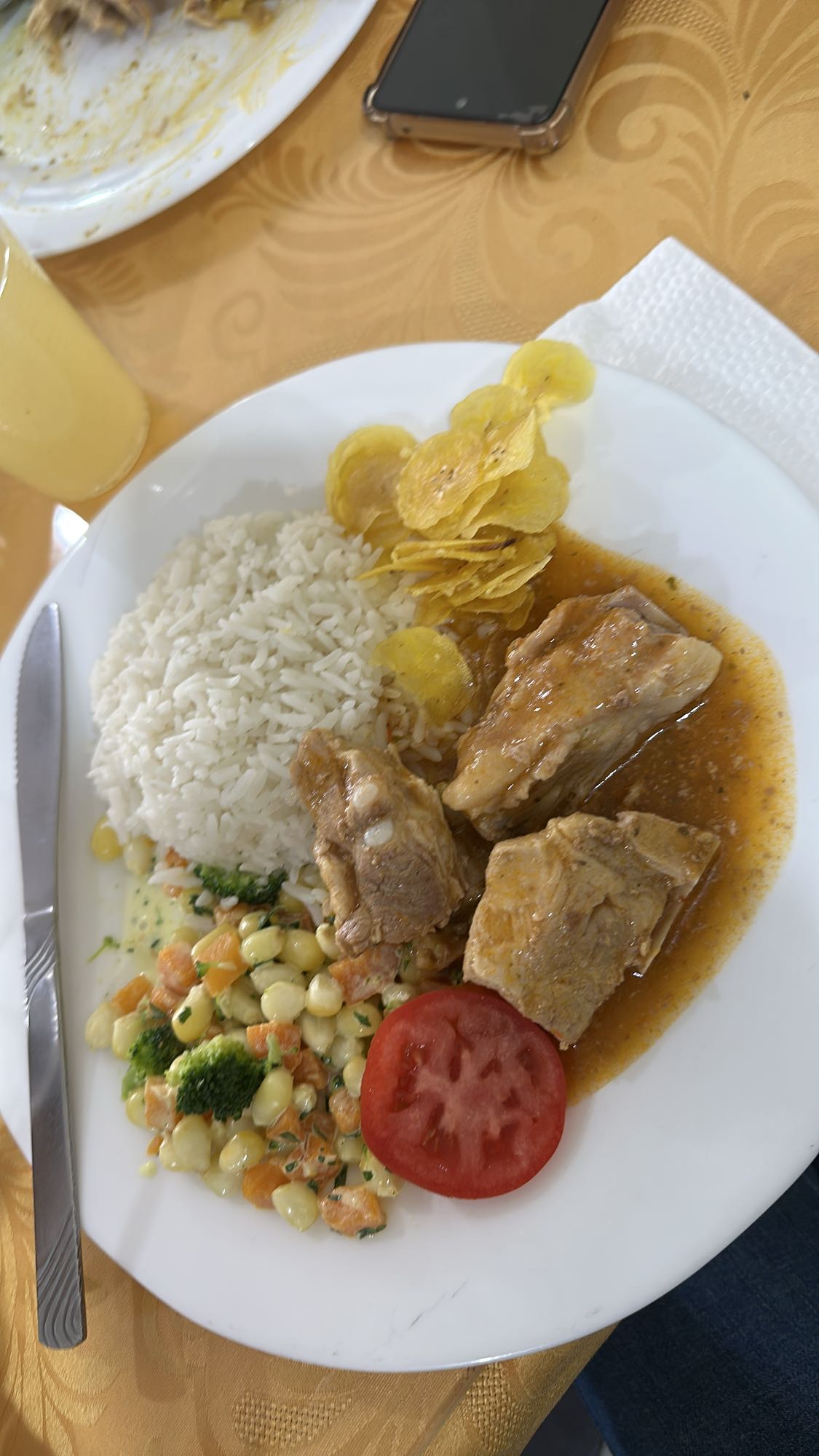 cerdo guisado con arroz y ensalada